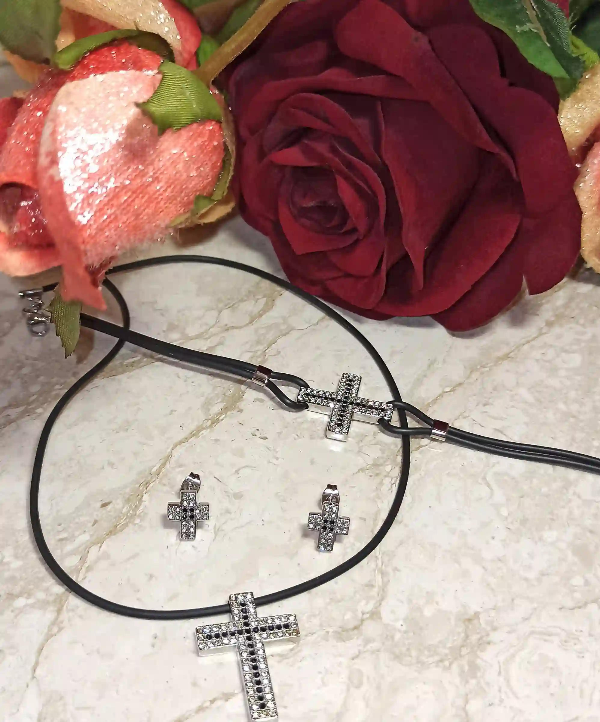 SILVER Modern CROSS Necklace set for women Swarovski Diamonds 1.64ct/Christian Jewelry/Cross Pendant Necklace Bracelet Earrings Silver Gift 