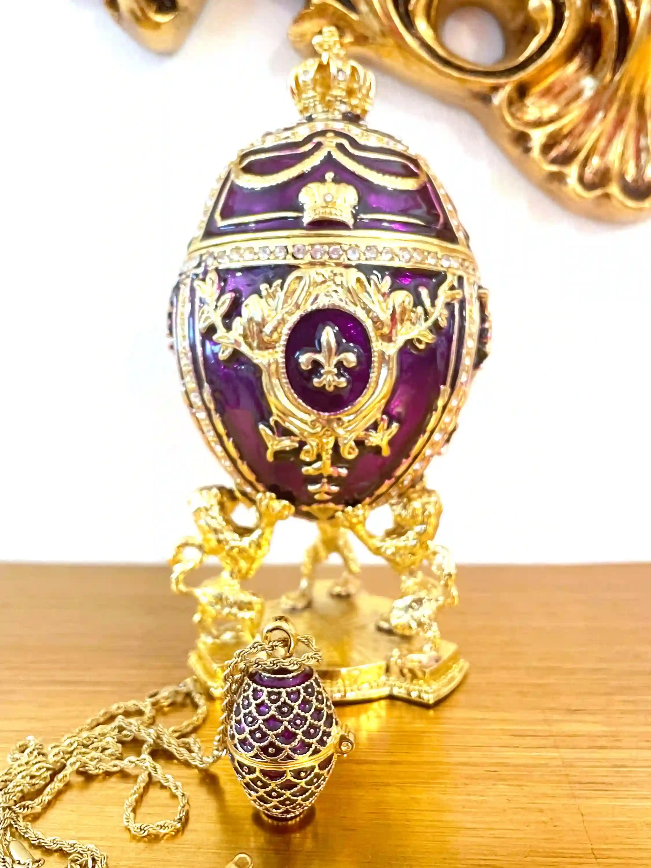 Amethyst Fabrege Egg Jewelry Box + Purple Faberge egg Necklace Pendant, 24kGOLD 200 Swarovski Diamond HANDSET, Mothers Day gift Mom Birthday 