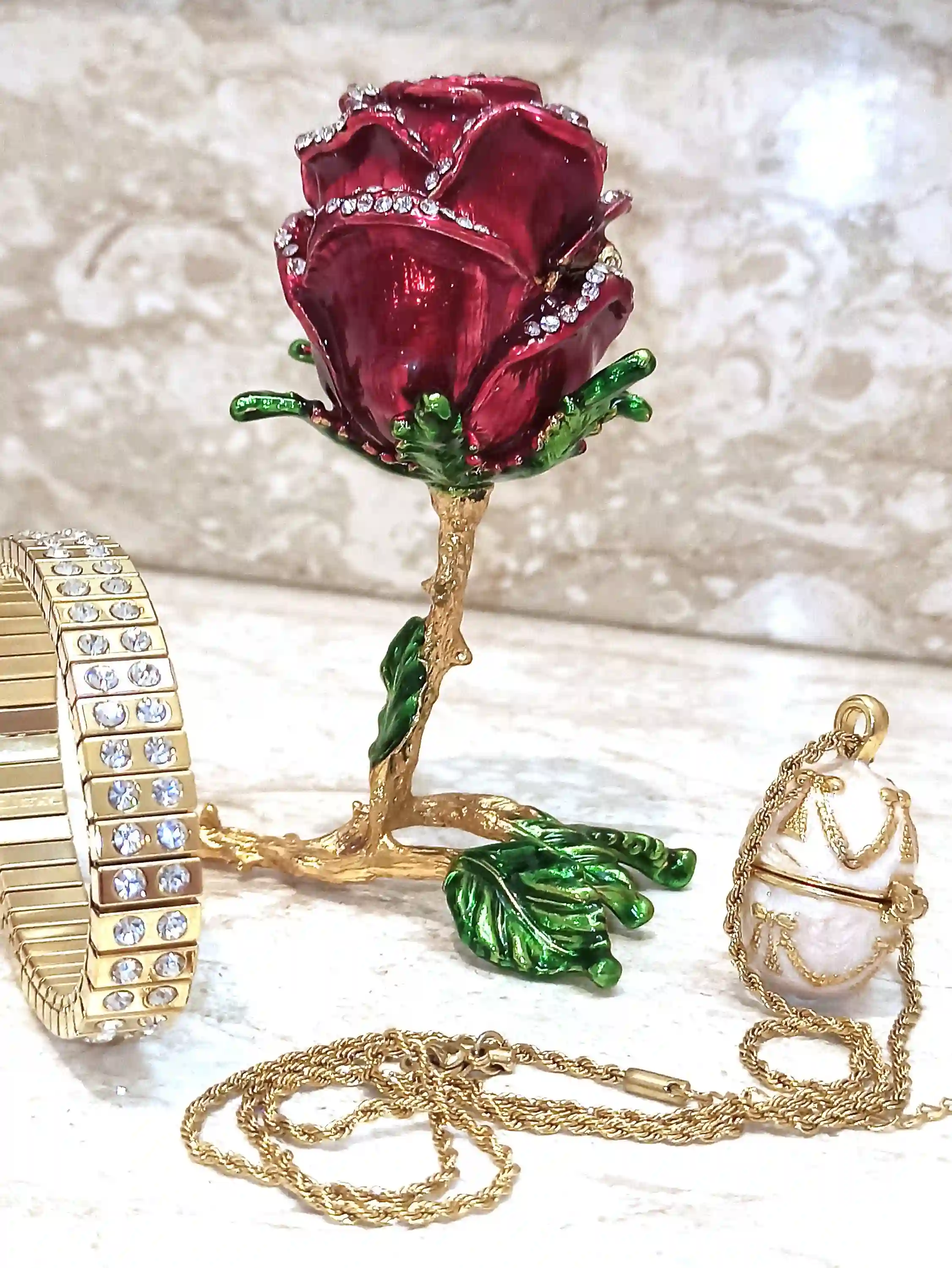 3pce, Luxury Engagement, 7ct, Gift for Bride to be from Sister, Faberge Egg,Roses Gift Box + Faberge Egg Pendant + Austrian Crystal Bracelet 