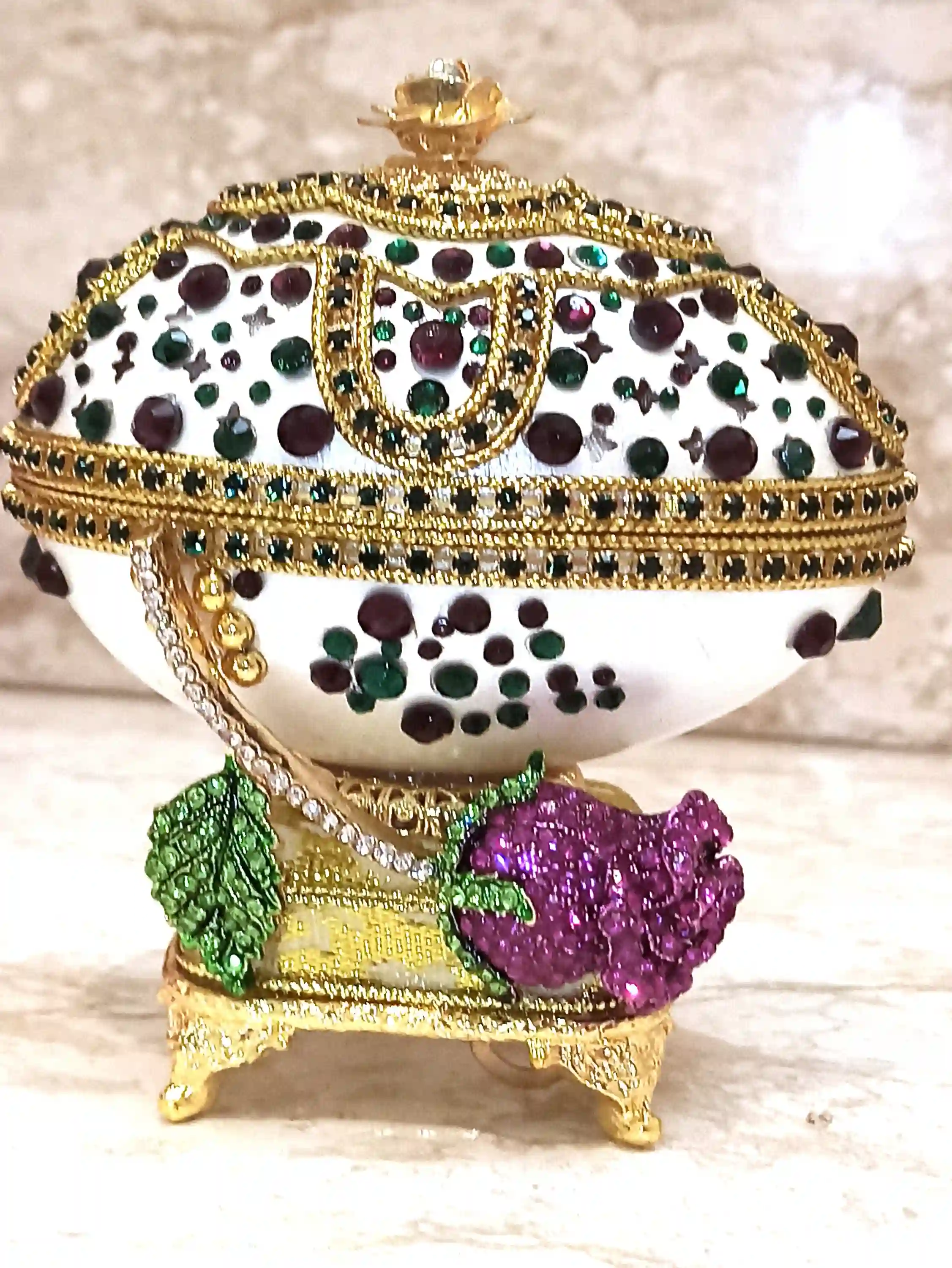 One Of a Kind, Faberge Egg style Jewelry Box SET, Amethyst, Fabrege Egg, Musical, Faberge Egg Box & Handmade Bracelet ,24k GOLD, HANDCARVED 