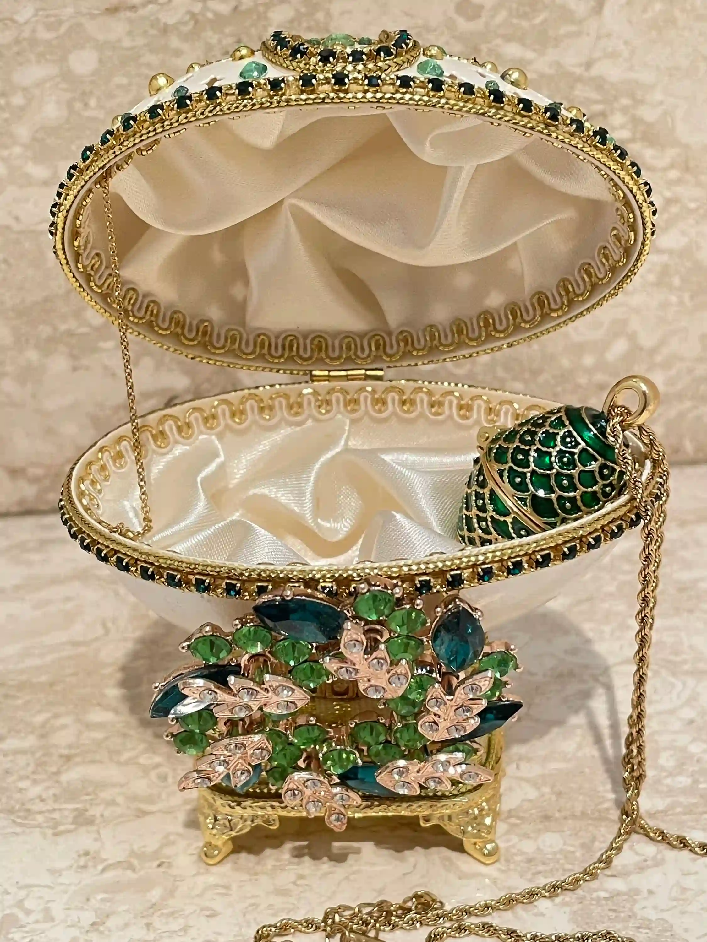 ONE OF A KIND - Antique Faberge egg style .Egg + Faberge jewelry - Faberge Egg Music Box - Decorative Faberge Egg - Crown Regal Collection 