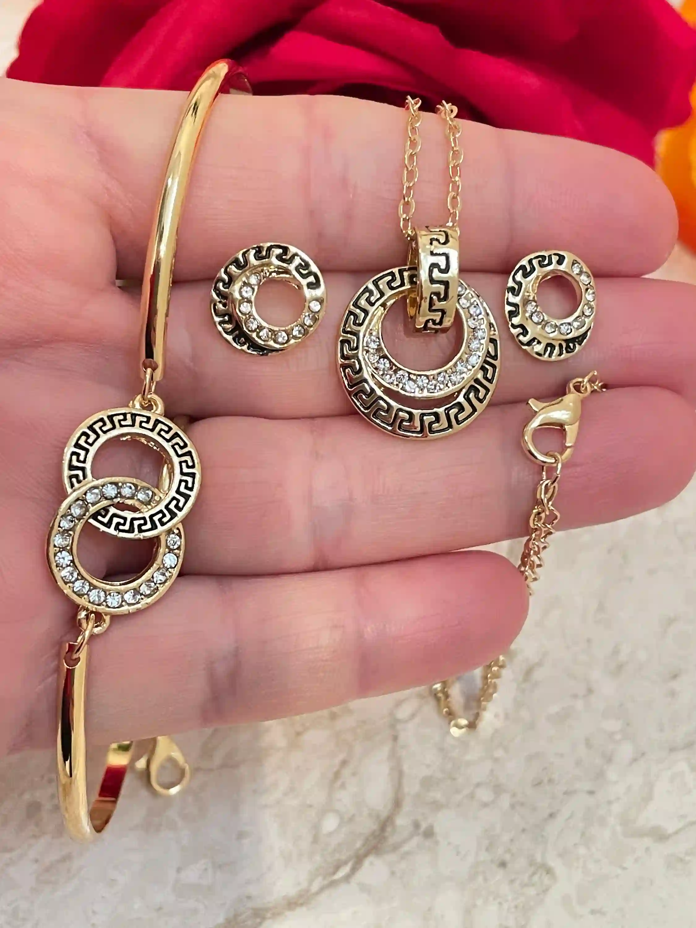 Infinity Jewelry SET Vintage 24K Yellow GOLD Ancient Greek Meander Jewelry Greek Key Necklace Bracelet Earrings 86 Austrian Crystals HANDSET 