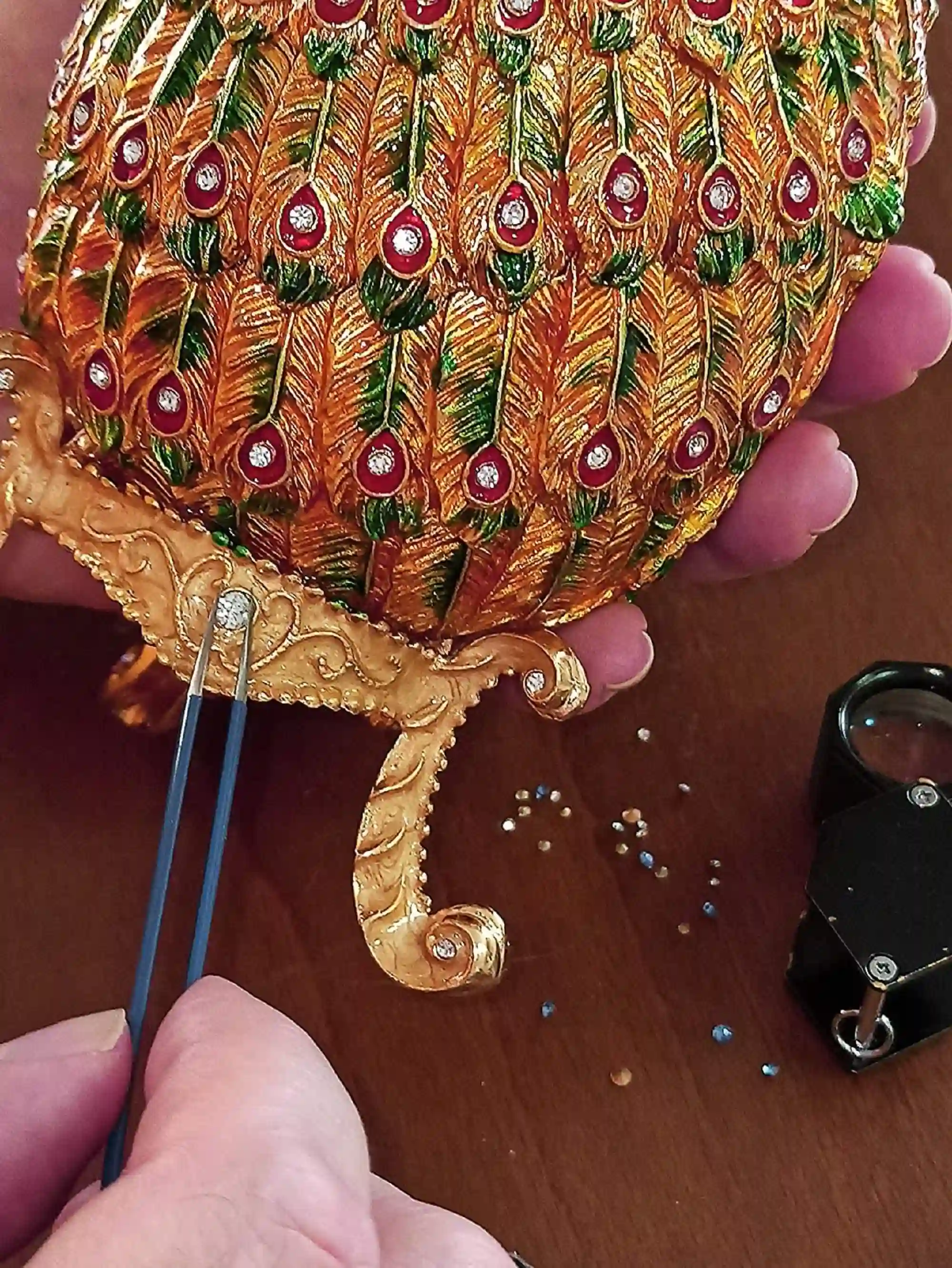 Peacock Decor, Couples gift Ideas, Faberge egg ,Peacock Trinket Box, Diamond , HANDMADE, Faberge Egg, Christmas, Xmas Gift, 24K GOLD 