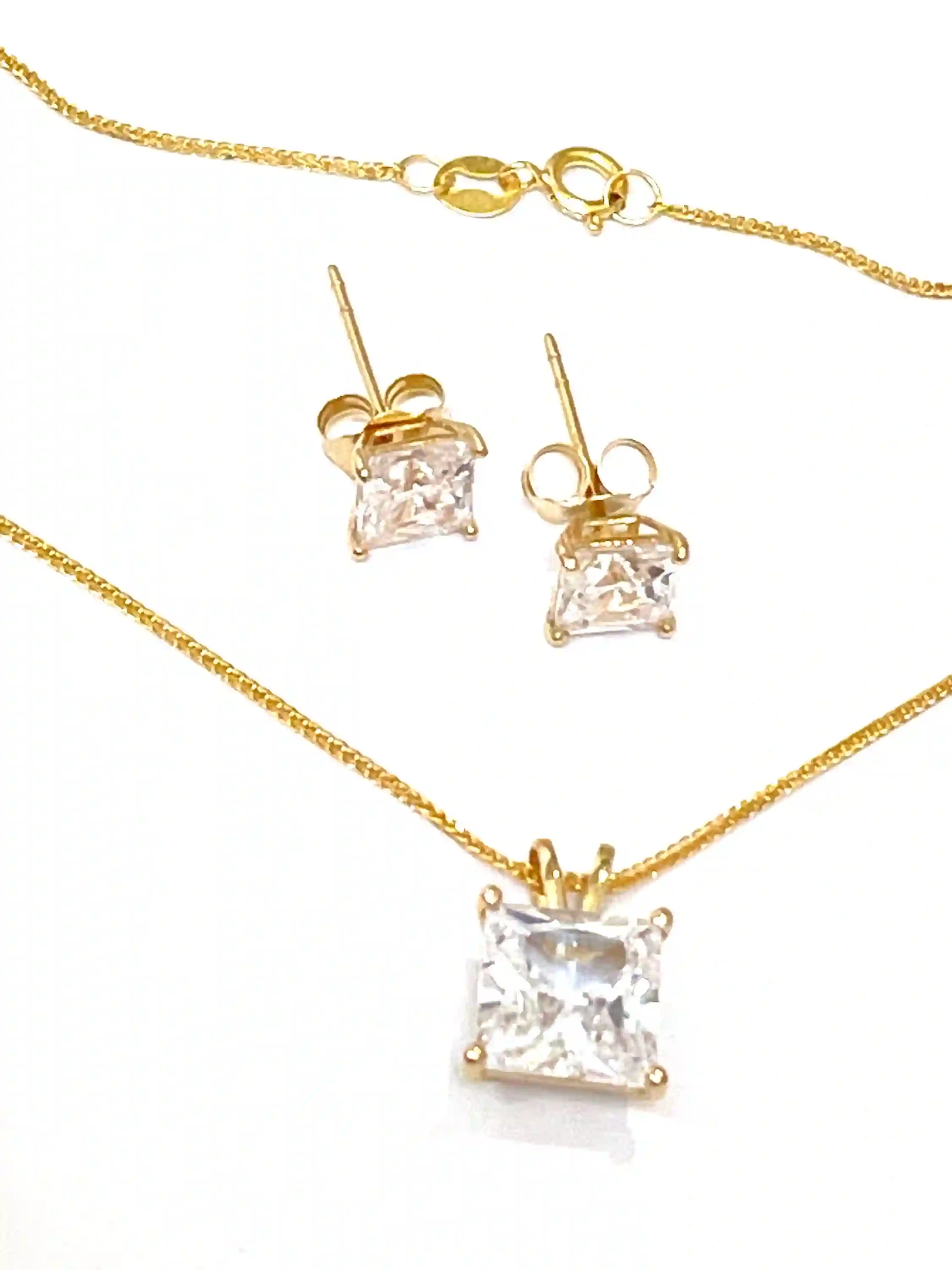 3.5ct - Solid 18k Gold Diamond Necklace Square Pendant Solitaire Earrings Diamond Stud Lab Created Diamond Jewelry SET Anniversary wife gift 