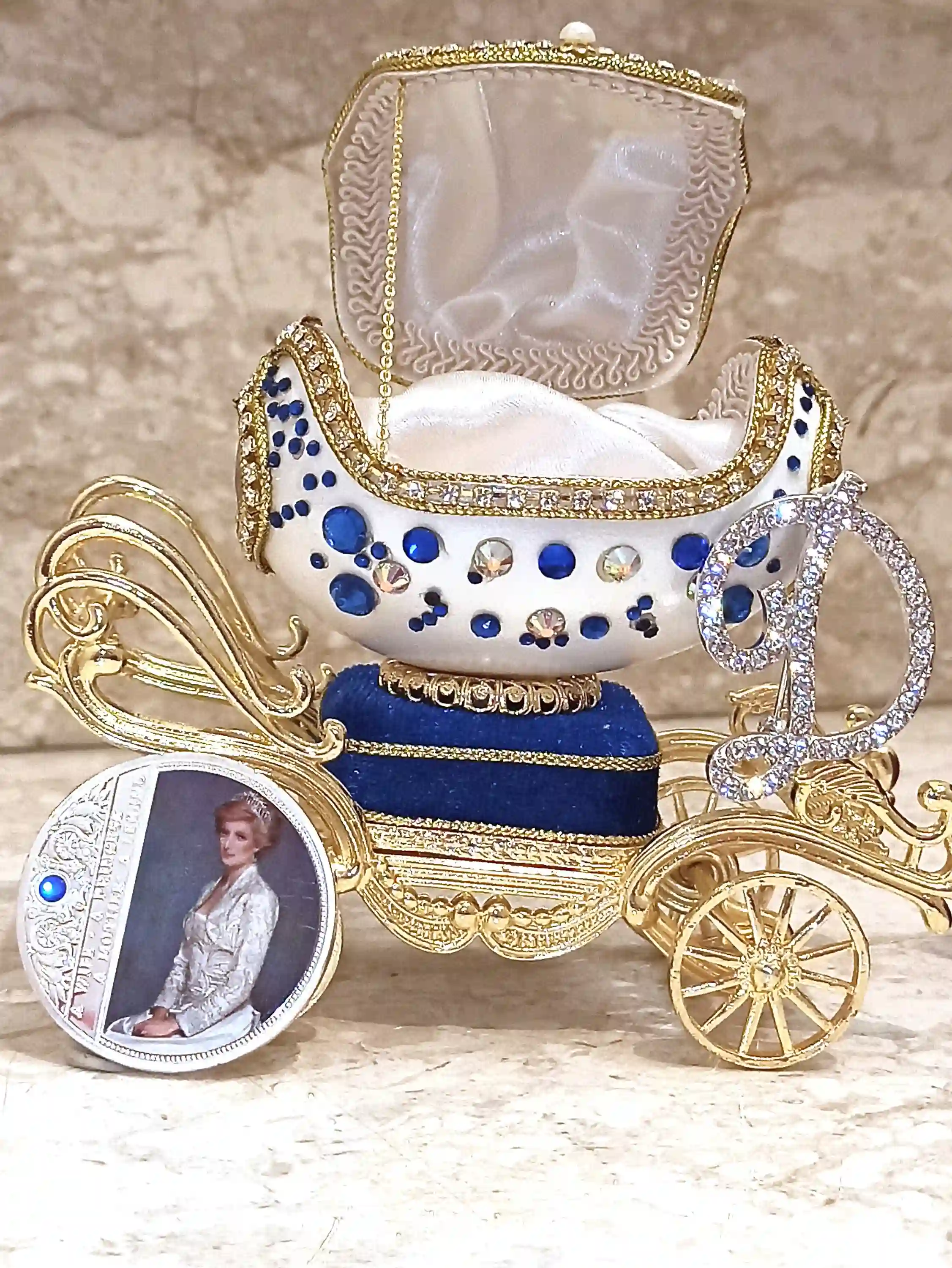 Luxury Antique Princess Diana Memorabilia Gift, Faberge Egg Music Box,Royal Diana Silver Coin Jewelry box,Faberge egg Trinket box 24kt 