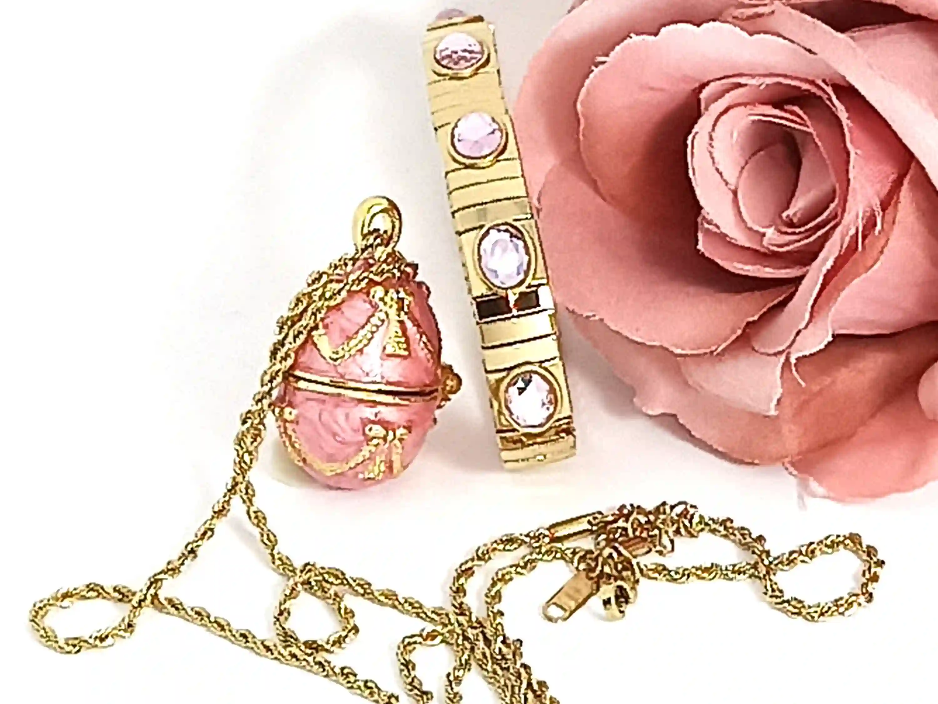 Faberge - 24k Gold Handmade - Faberge Egg pink Necklaces SET - Faberge Easter Egg Pendant - Faberge egg Jewelry for Ladies -Egg Locket Gift 