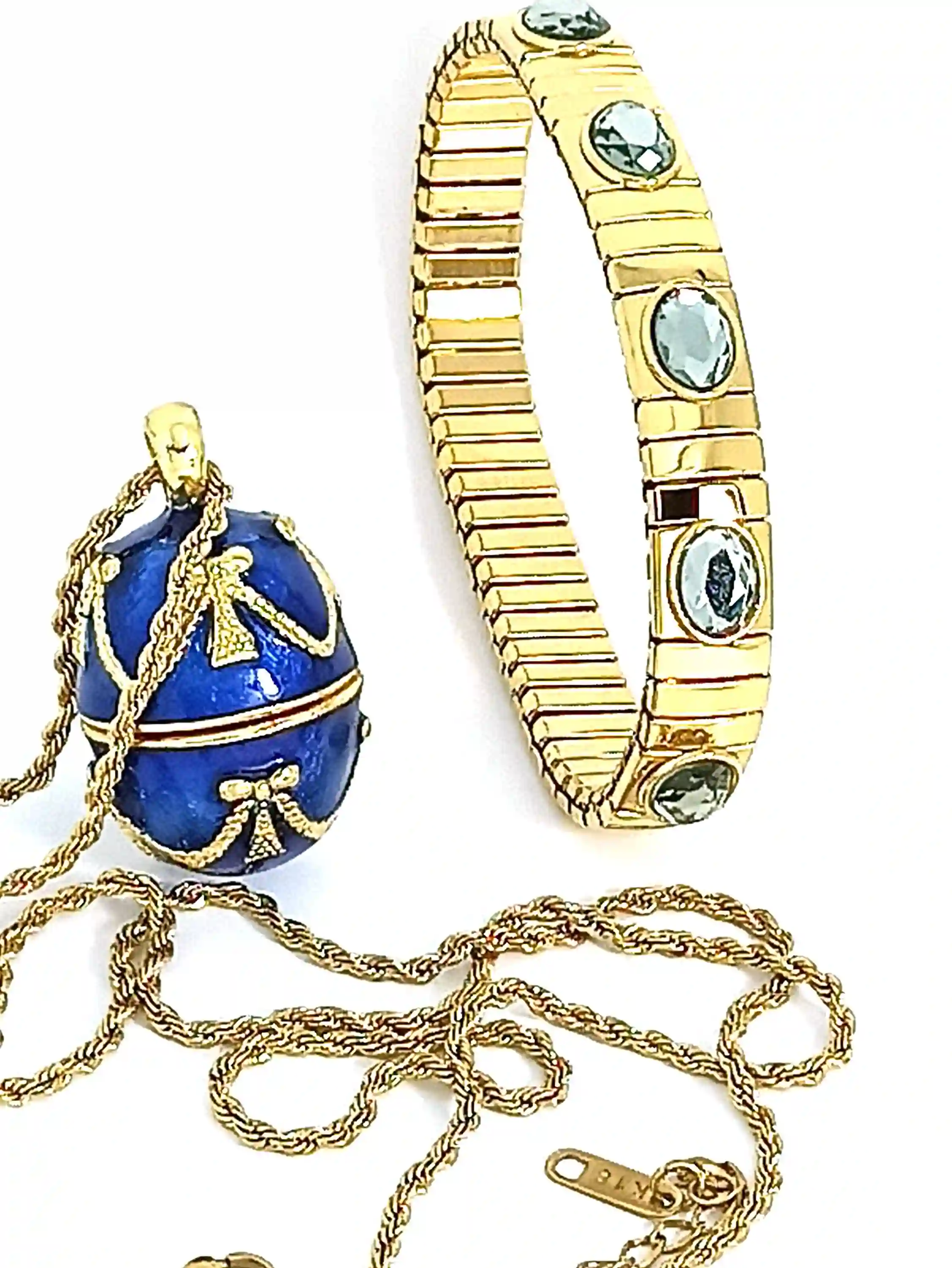Luxury SAPPHIRE Blue Necklace - 24k GOLD -Guilloche Enamel- Faberge-Style Egg Pendant Necklace Blue -23.5