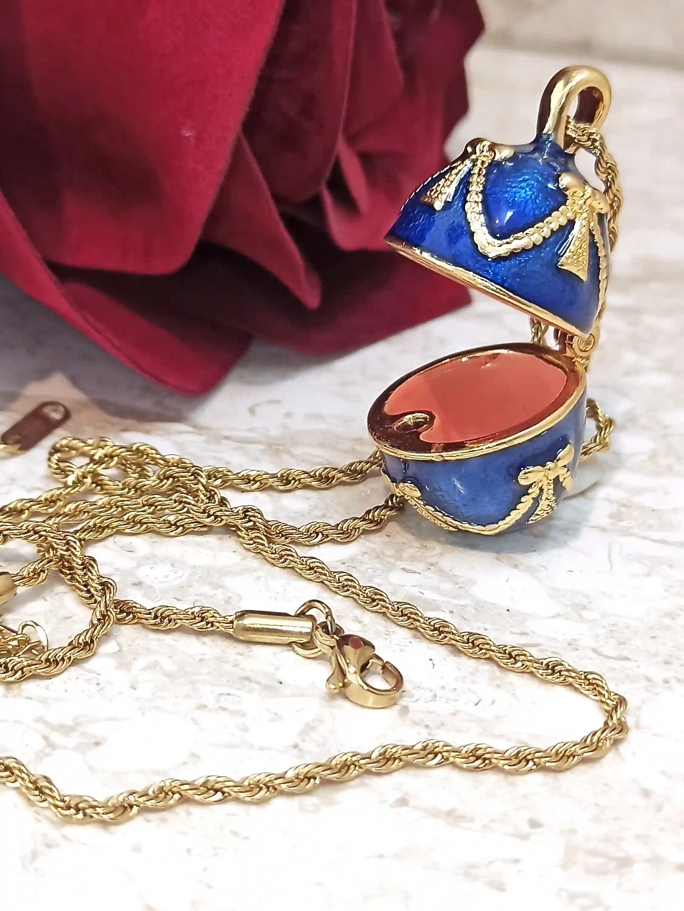 Luxury SAPPHIRE Blue Necklace - 24k GOLD -Guilloche Enamel- Faberge-Style Egg Pendant Necklace Blue -23.5