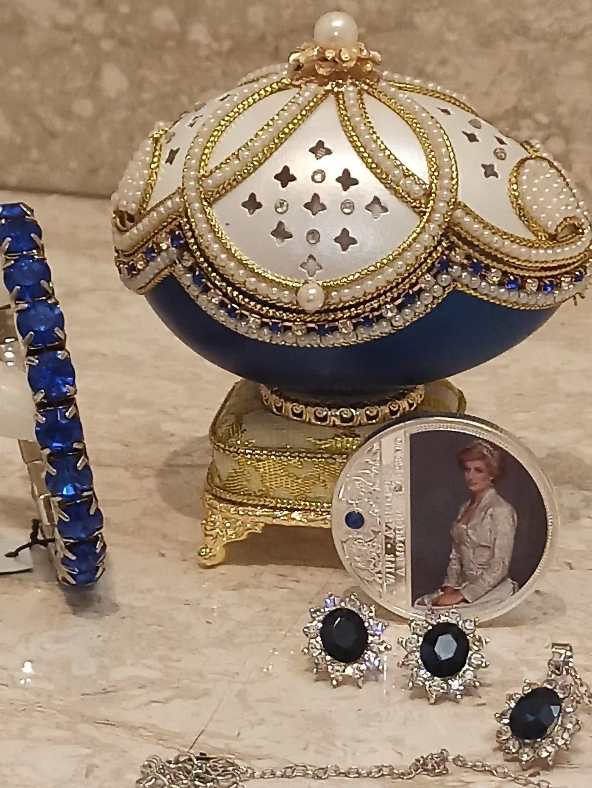 Royal gifts for Her, Princess Diana JEWELRY Set, Faberge-Style Egg,Diana Earrings, Diana Necklace, Diana Bracelet,Diana Coin,FABERGE egg MUSIC box 