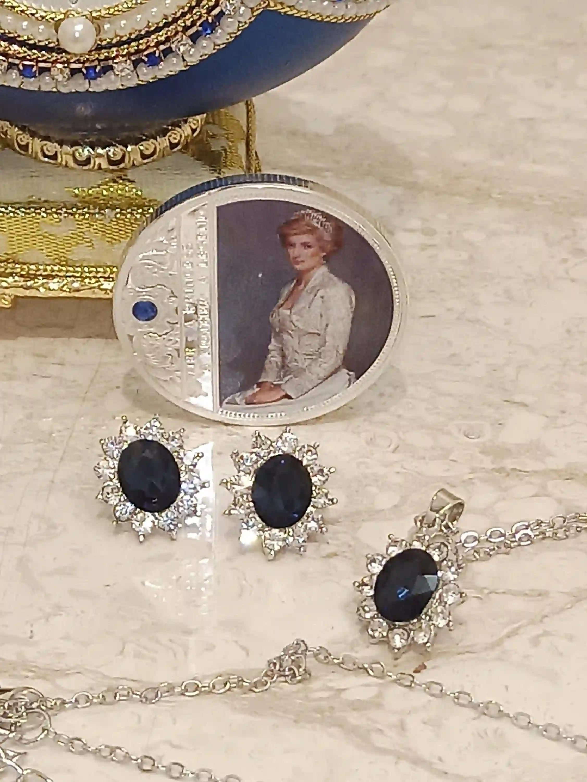 Royal gifts for Her, Princess Diana JEWELRY Set, Faberge-Style Egg,Diana Earrings, Diana Necklace, Diana Bracelet,Diana Coin,FABERGE egg MUSIC box 