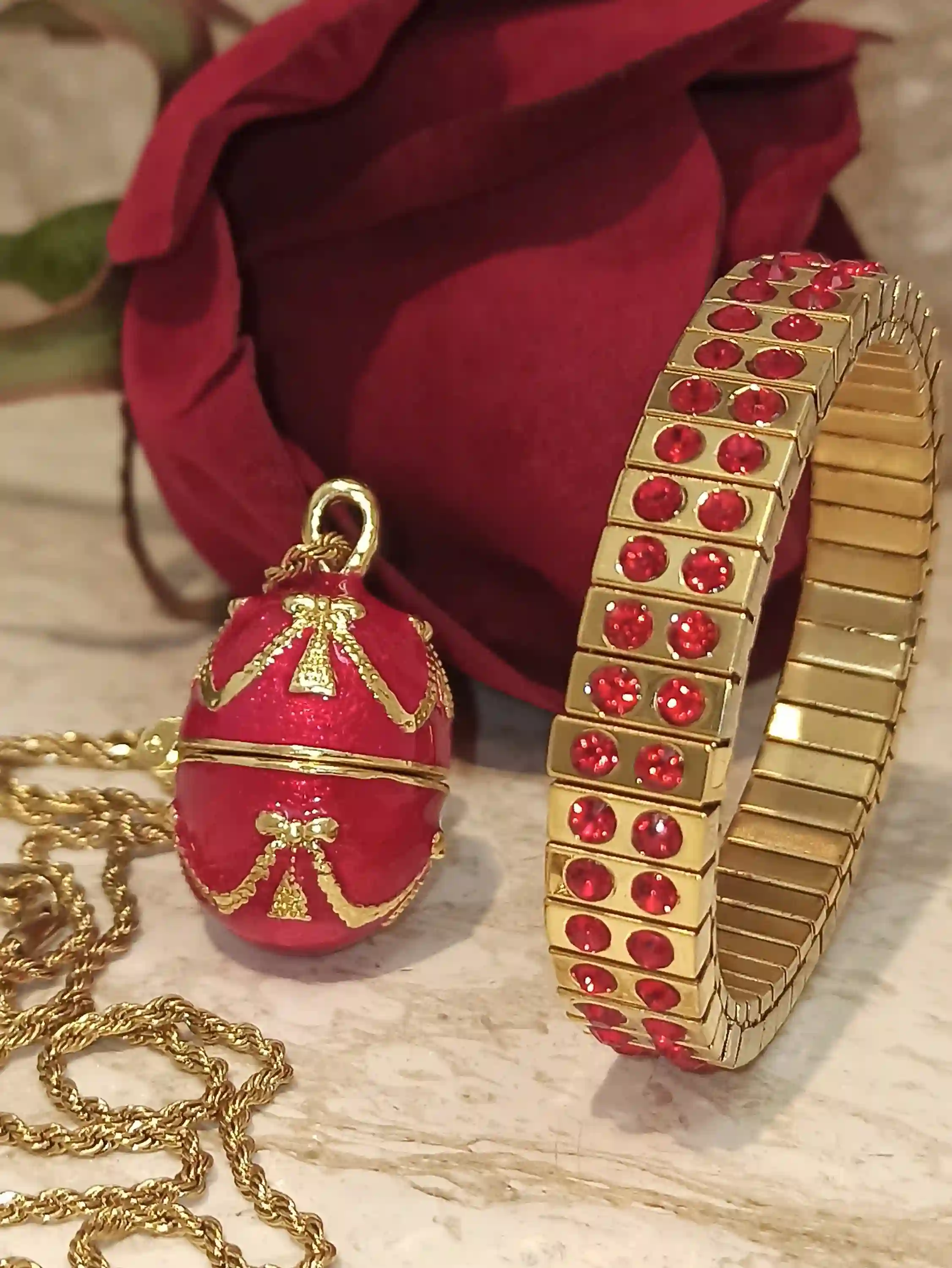 Christmas Jewelry SET, Faberge-Style Egg NECKLACE & 2ct Ruby Bracelet + GOLD Pearl Hair Comb, Xmas Jewelry Gift, Christmas Necklace,Daughter gift 