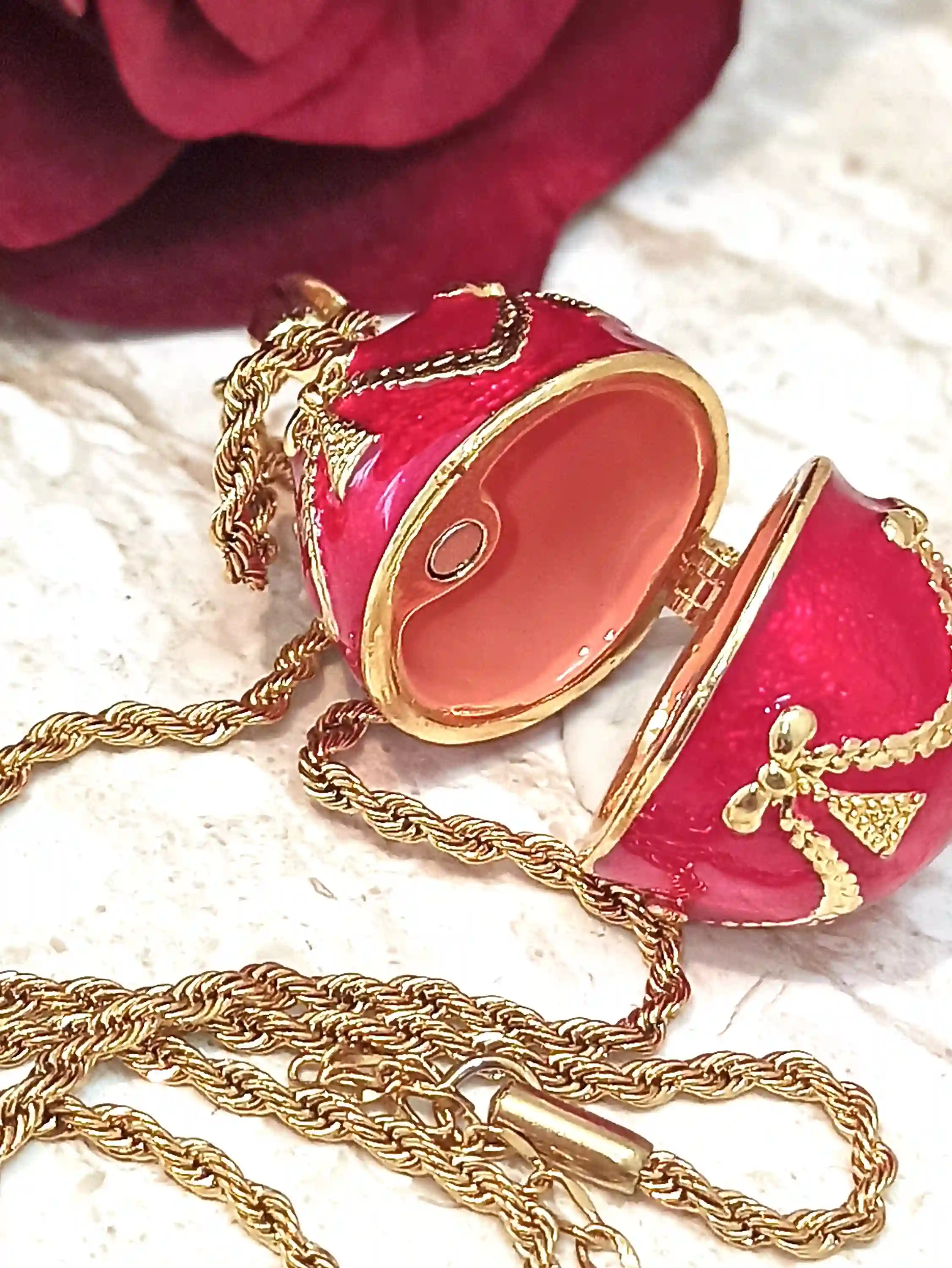 Christmas Jewelry SET, Faberge-Style Egg NECKLACE & 2ct Ruby Bracelet + GOLD Pearl Hair Comb, Xmas Jewelry Gift, Christmas Necklace,Daughter gift 