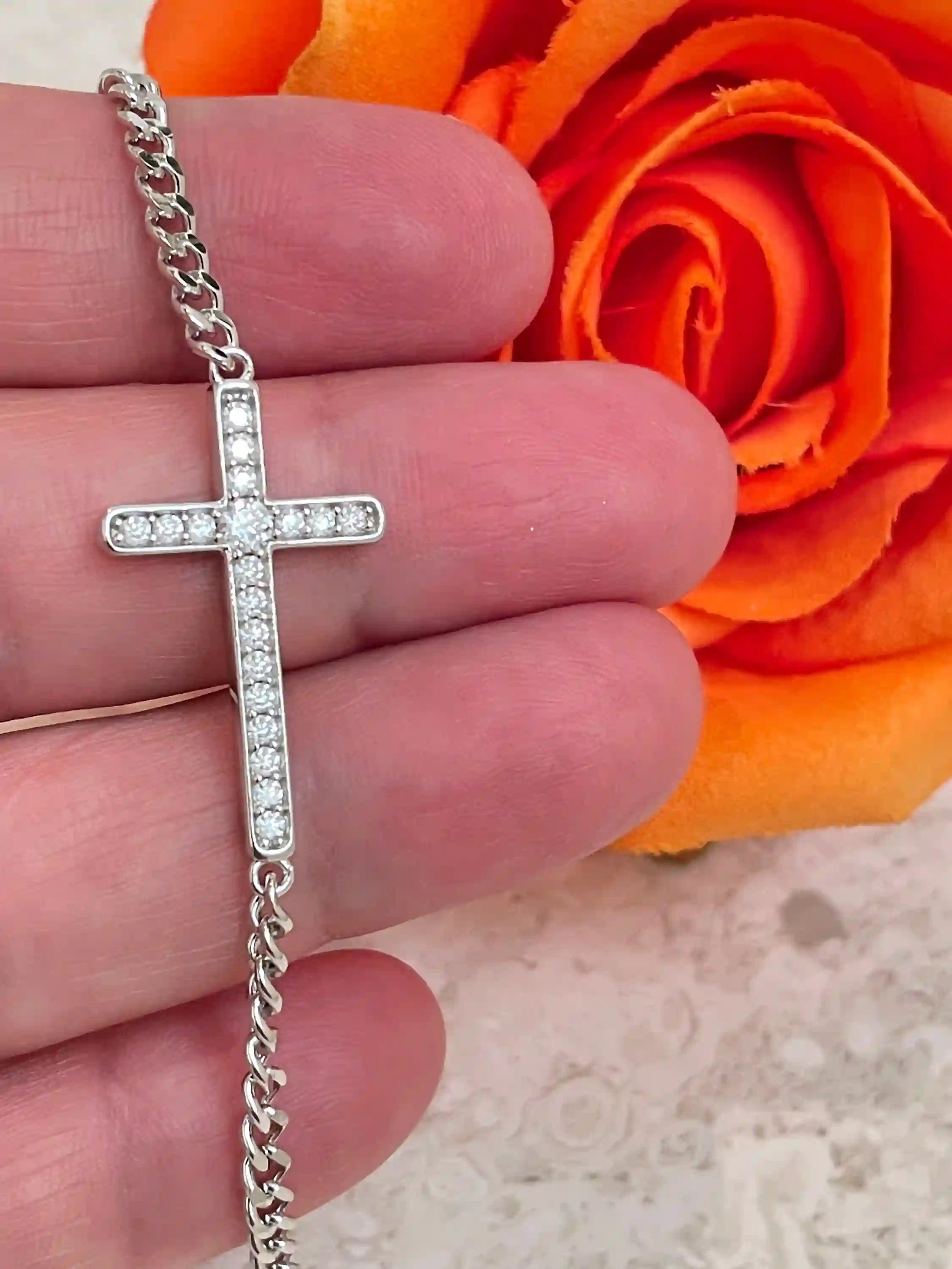 18k White Gold Cross bracelet Diamond bracelet Religious Jewelry Baptism gift Christian Bracelet Cross with Diamonds Cross Link Bracelet 