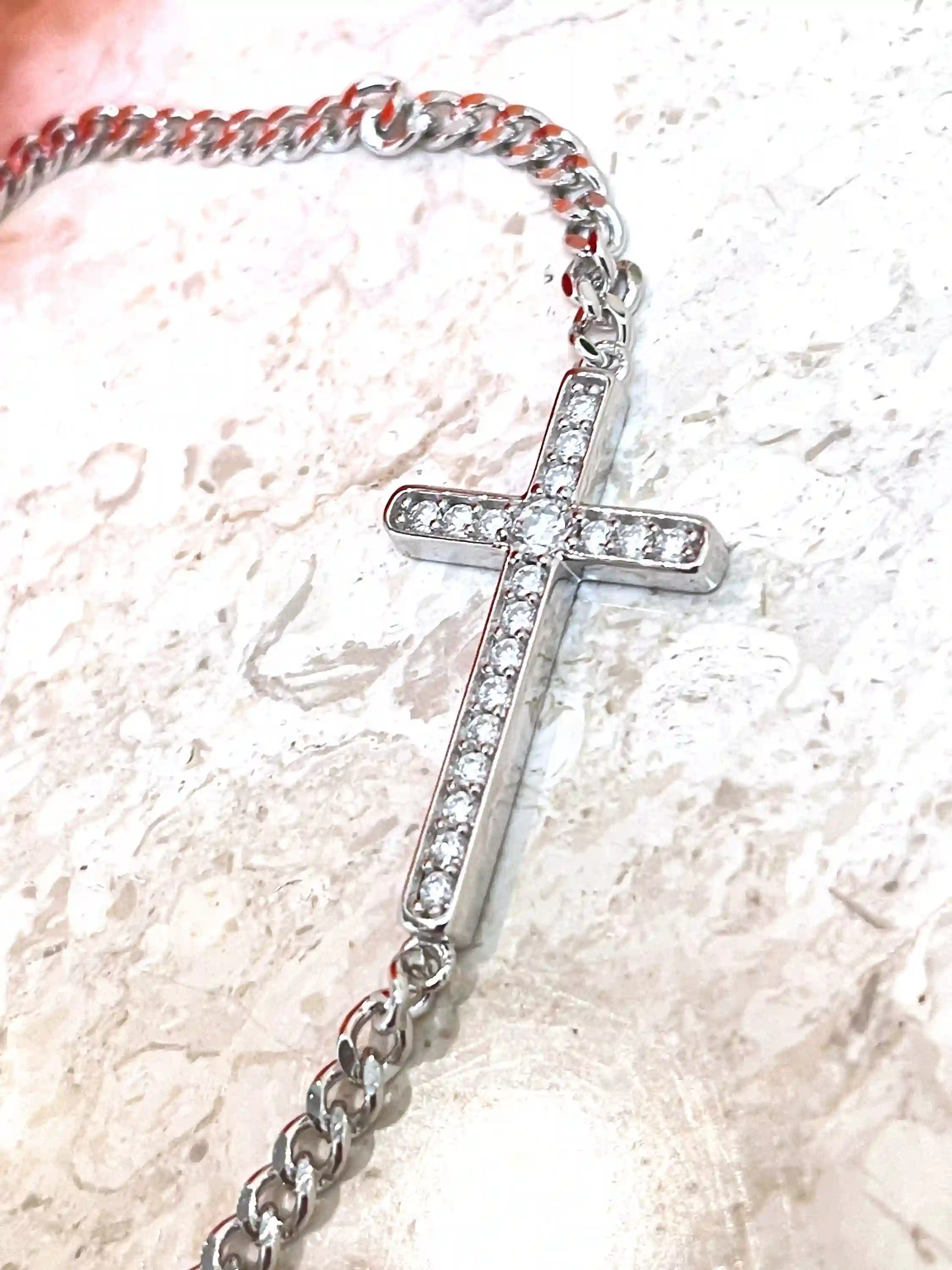 18k White Gold Cross bracelet Diamond bracelet Religious Jewelry Baptism gift Christian Bracelet Cross with Diamonds Cross Link Bracelet 