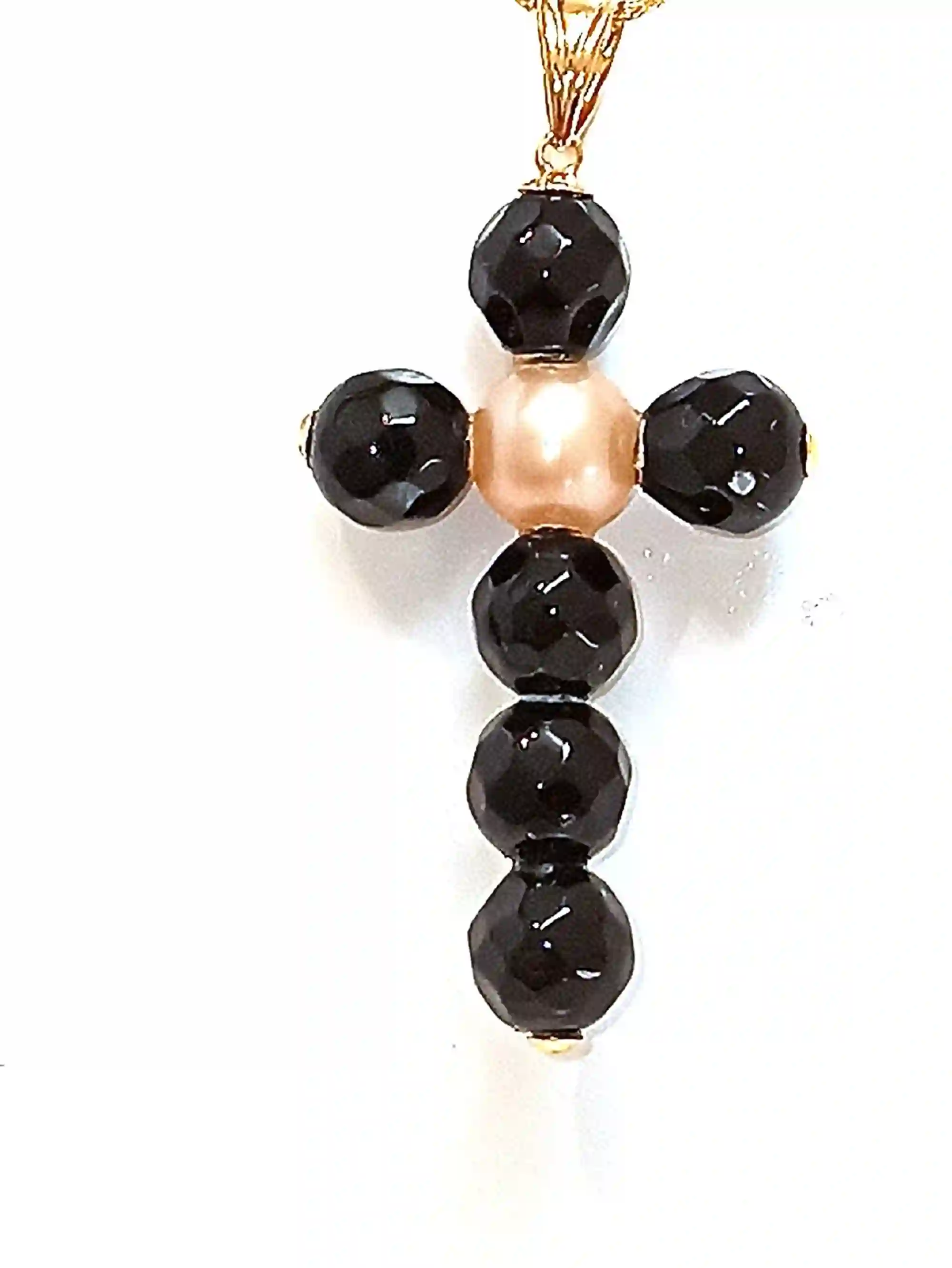ONE Of a Kind Cross, Handmade Cross,Christian Pendant,SOLID 18k Gold AKOYA,Pearl Cross,Onyx Gem,Crucifix,18kt Gold bail & tips,Christ Gift 