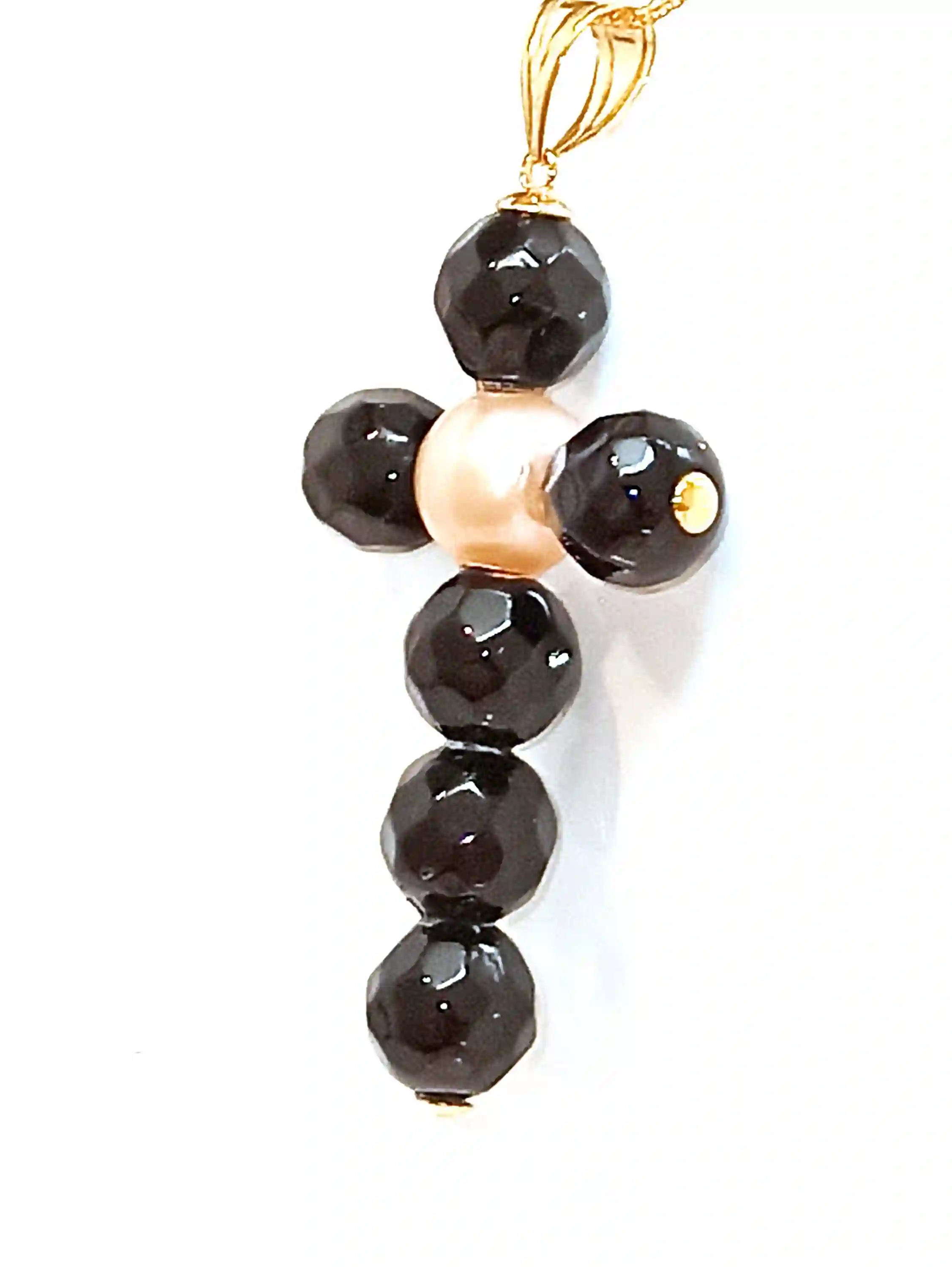 ONE Of a Kind Cross, Handmade Cross,Christian Pendant,SOLID 18k Gold AKOYA,Pearl Cross,Onyx Gem,Crucifix,18kt Gold bail & tips,Christ Gift 