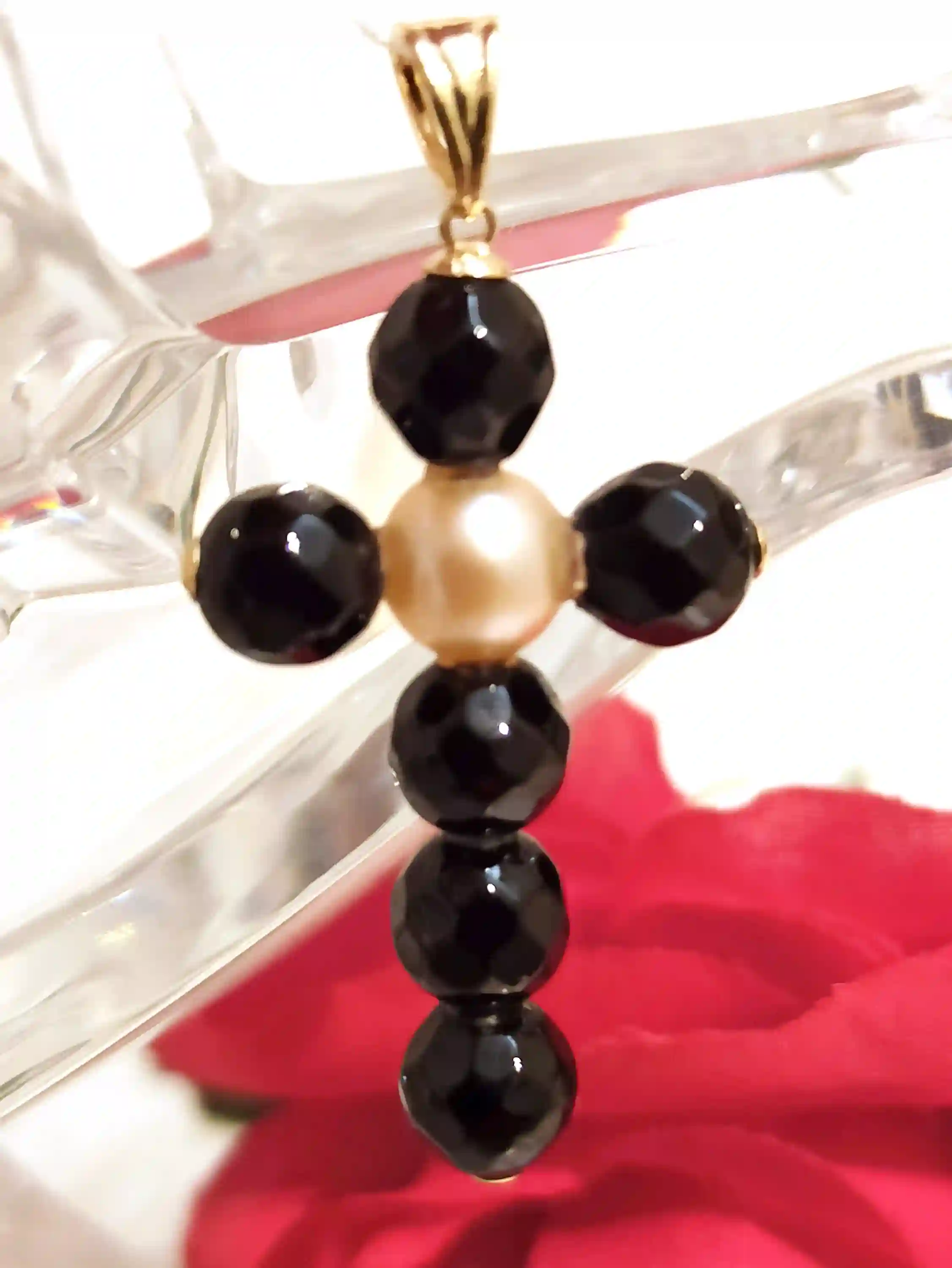 ONE Of a Kind Cross, Handmade Cross,Christian Pendant,SOLID 18k Gold AKOYA,Pearl Cross,Onyx Gem,Crucifix,18kt Gold bail & tips,Christ Gift 