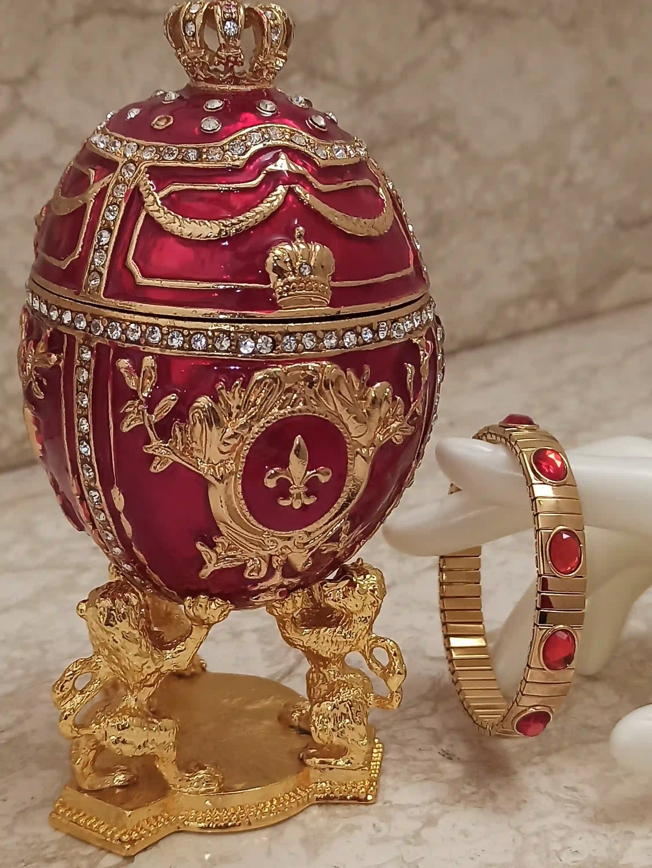 Royal Lion Trinket Easter Trinket Box Gift Love Ornament Easter Jewelry Box 24k GOLD HANDMADE DESIGNER 4ct Lion Egg & 2ct Ruby Bracelet 