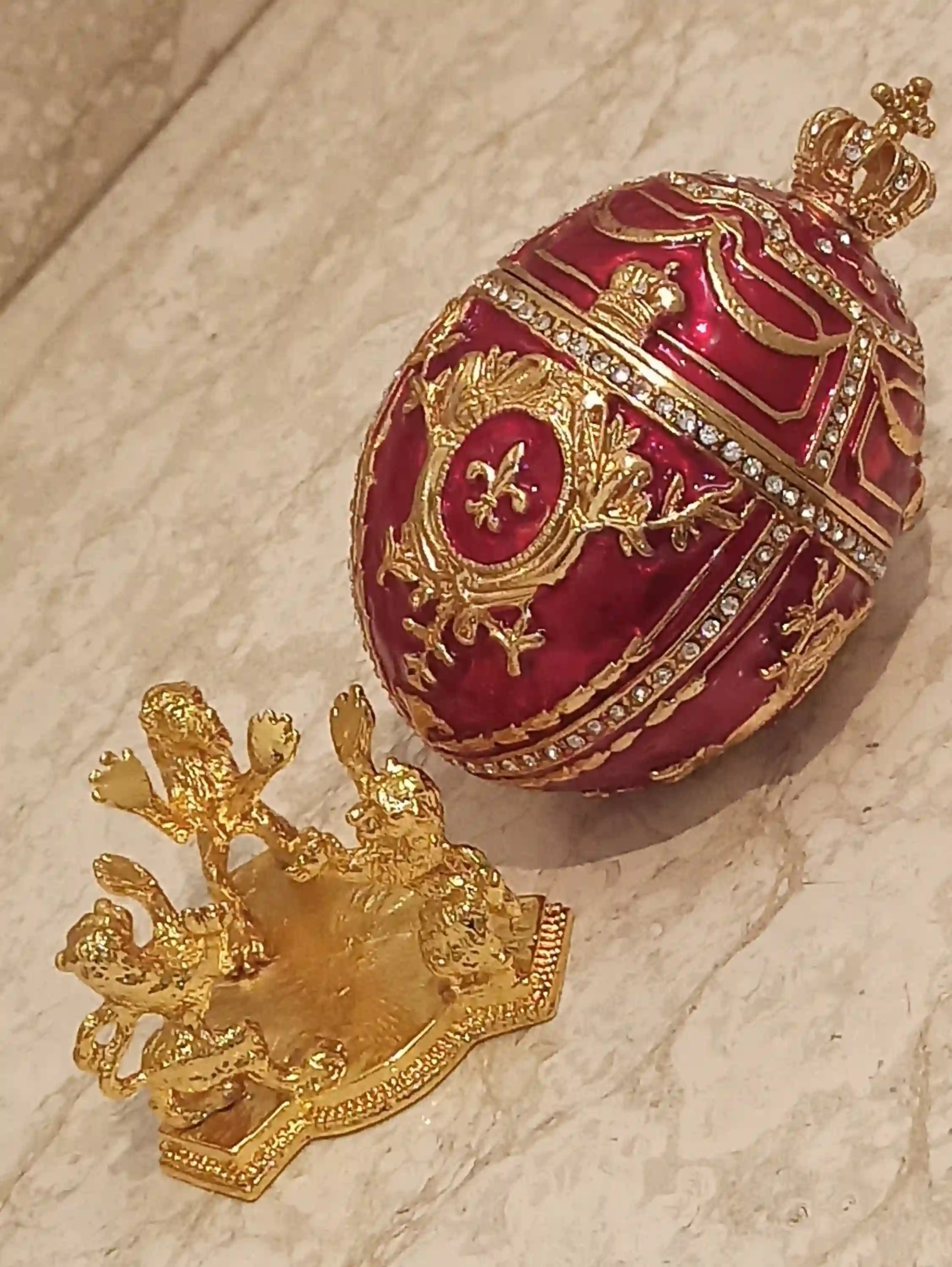 Royal Lion Trinket Easter Trinket Box Gift Love Ornament Easter Jewelry Box 24k GOLD HANDMADE DESIGNER 4ct Lion Egg & 2ct Ruby Bracelet 