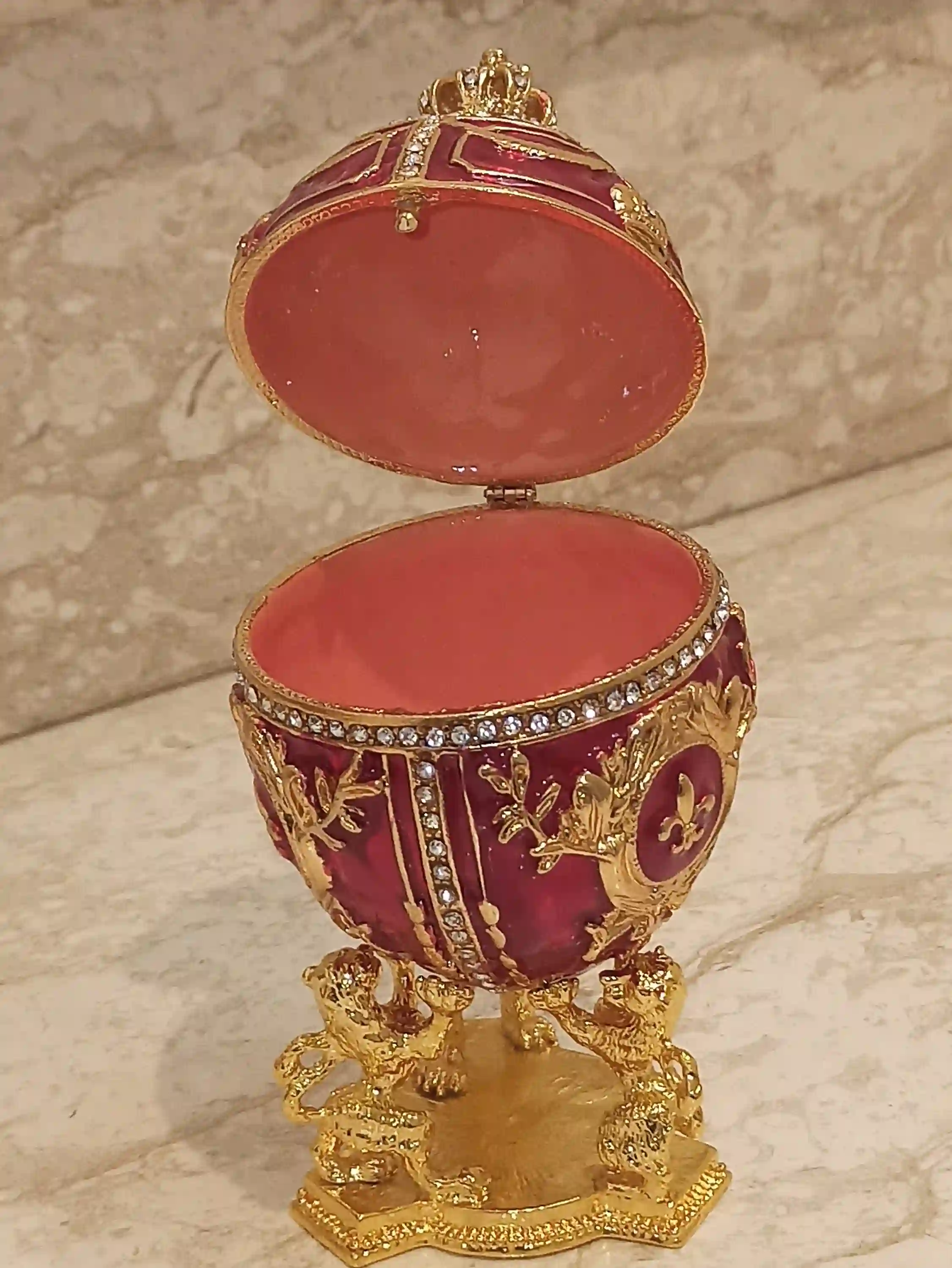Royal Lion Trinket Easter Trinket Box Gift Love Ornament Easter Jewelry Box 24k GOLD HANDMADE DESIGNER 4ct Lion Egg & 2ct Ruby Bracelet 