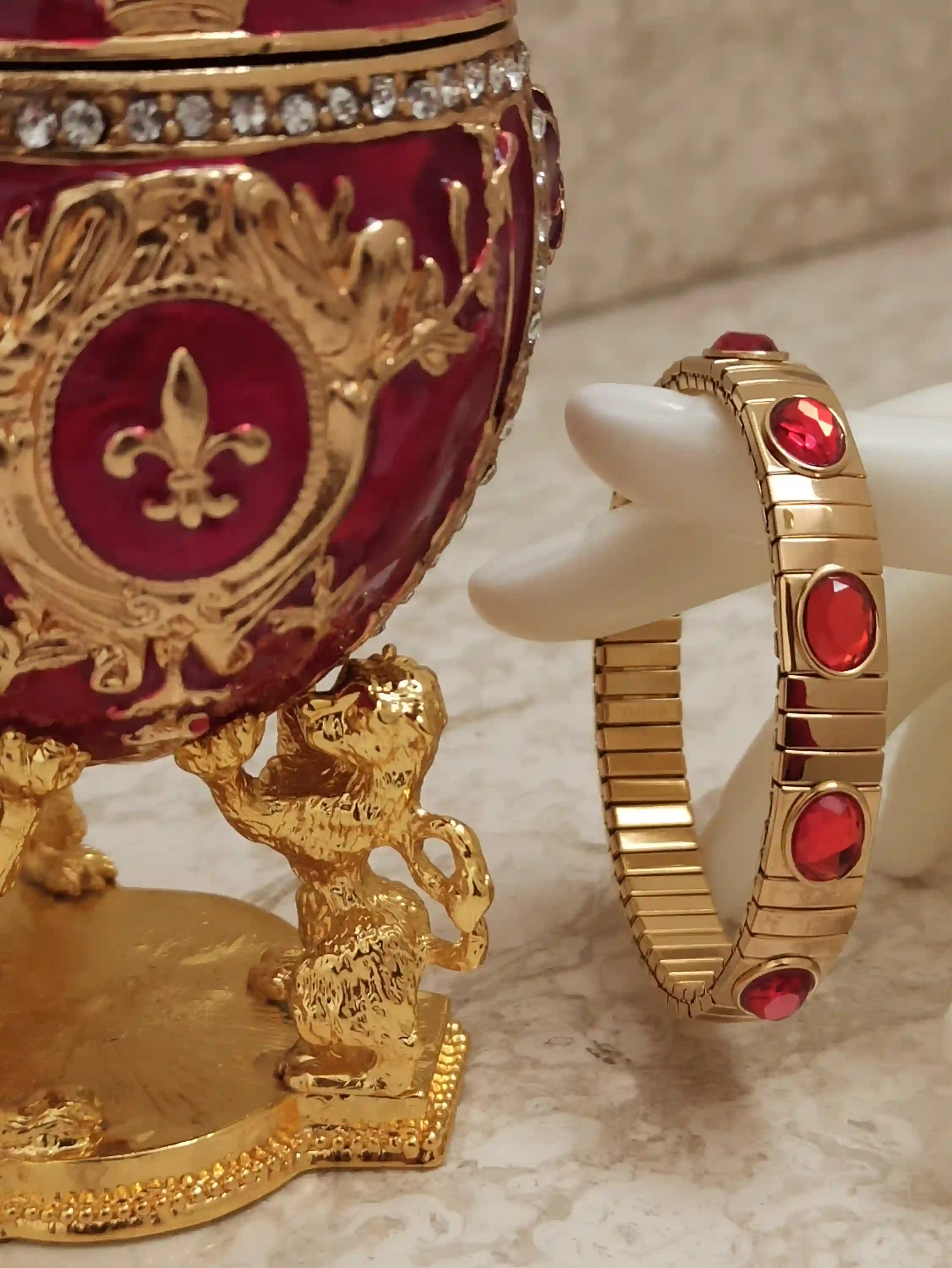 Royal Lion Trinket Easter Trinket Box Gift Love Ornament Easter Jewelry Box 24k GOLD HANDMADE DESIGNER 4ct Lion Egg & 2ct Ruby Bracelet 