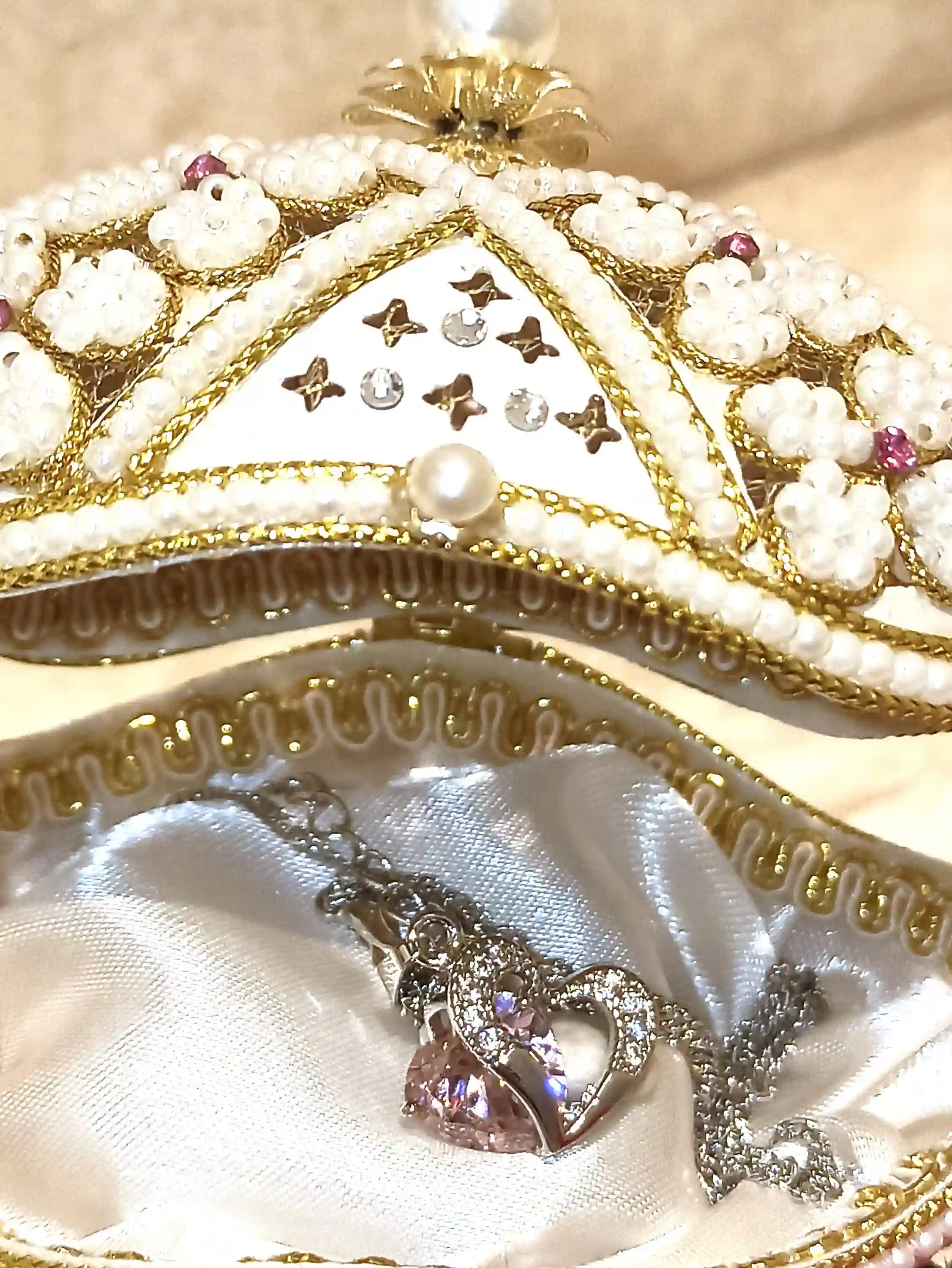 Sweet Birthday Gift for Her Pink FABERGE-Style Egg Musical Jewelry box, Faberge Pendant HEART Necklace Silver Bracelet Pink Topaz Faberge Egg SET 