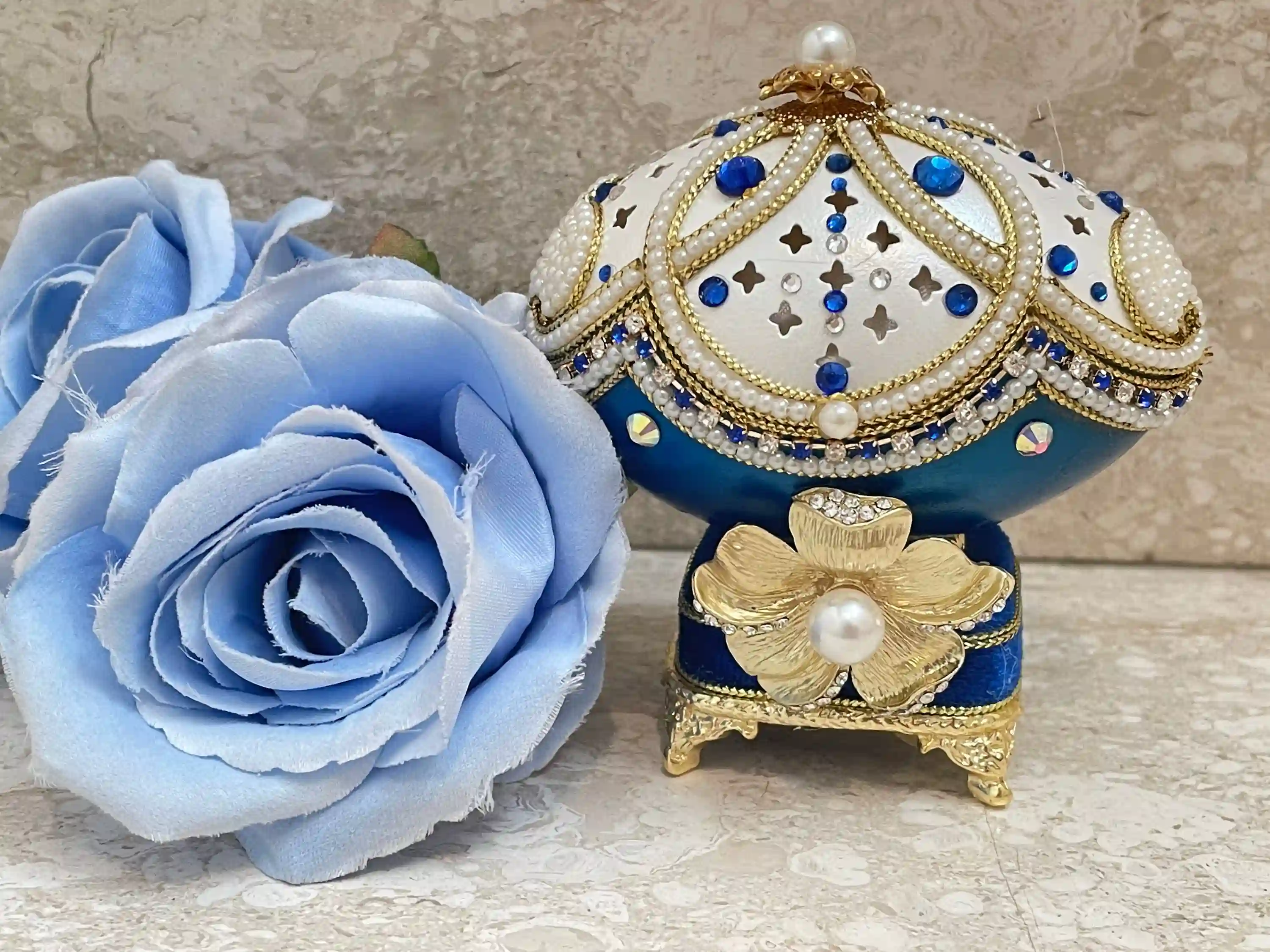 1993 Luxury Jewelry Box Faberge Egg Jewelry SET- Faberge Egg Something Blue Something New HandCarved Natural Egg 24k Gold Austrian Crystal 
