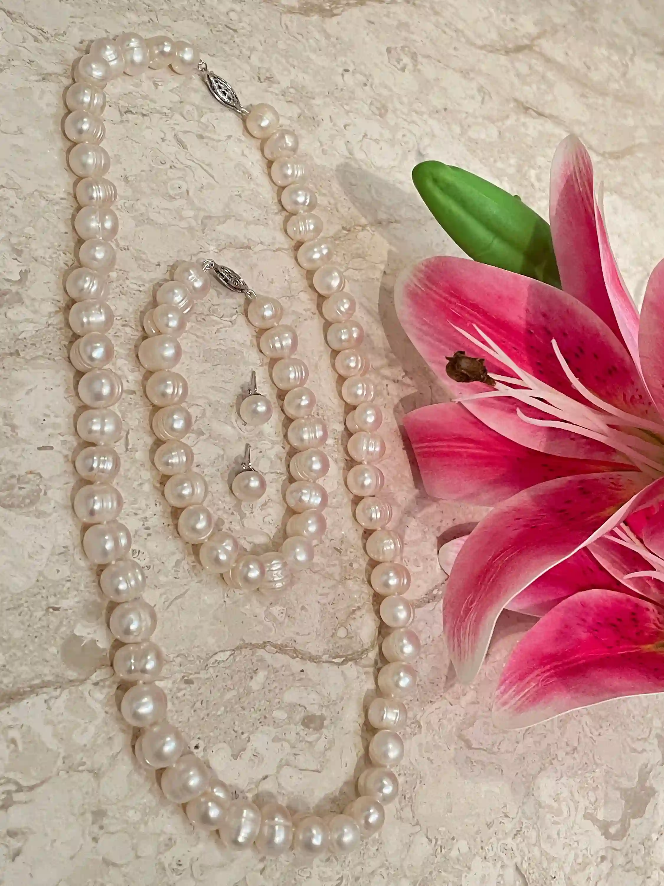 Cultured Akoya Pearl Jewelry Sterling Silver Necklace Bracelet Earrings VINTAGE Pearl Necklace 8mm Anniversary gift for her SILK Strung 1982 