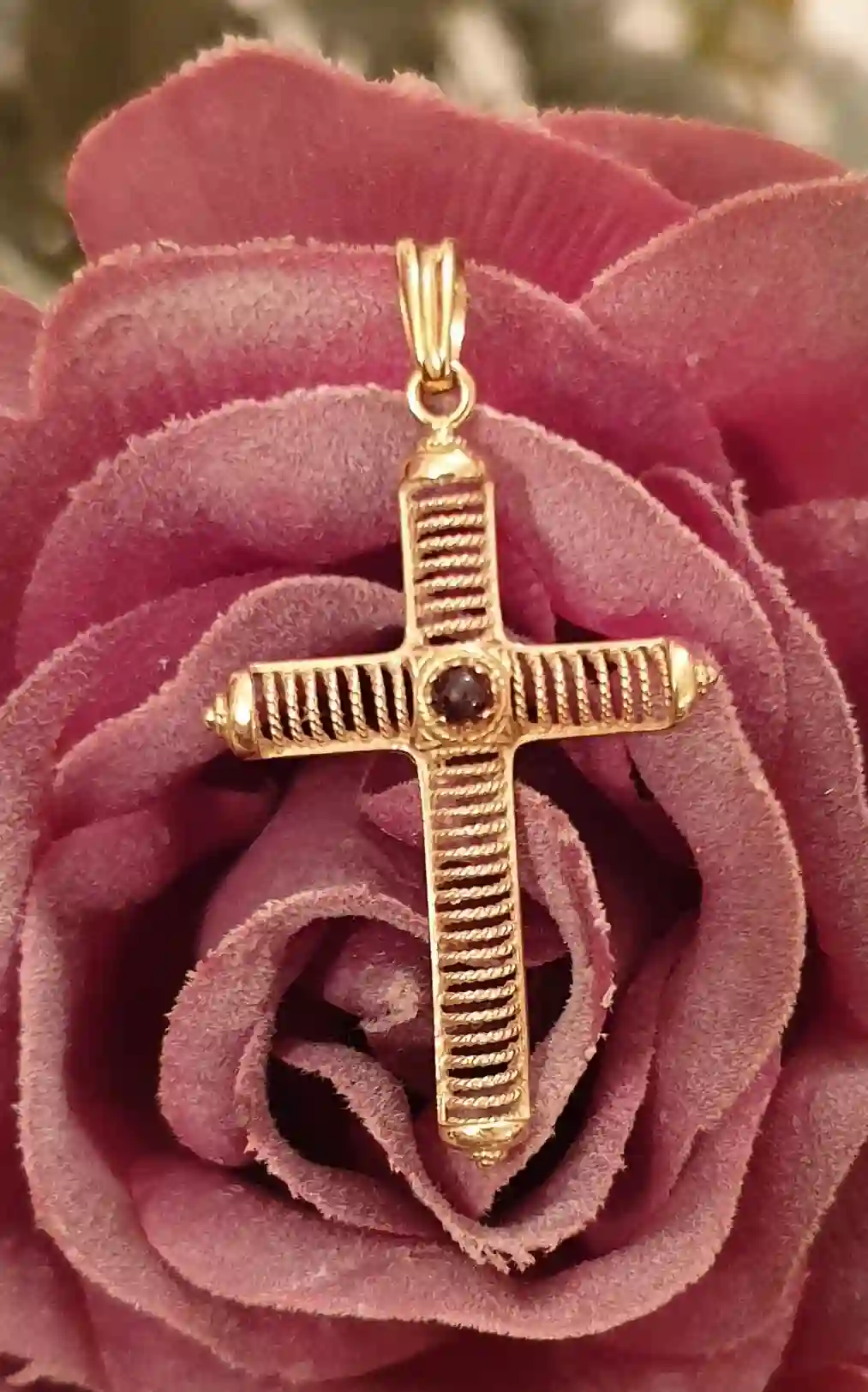 Filigree SOLID 18k gold Cross pendant woman Garnet Jewelry/Baptism gift girl HANDMADE Jewellery/ Christening gifts girls Religious Jewelry 