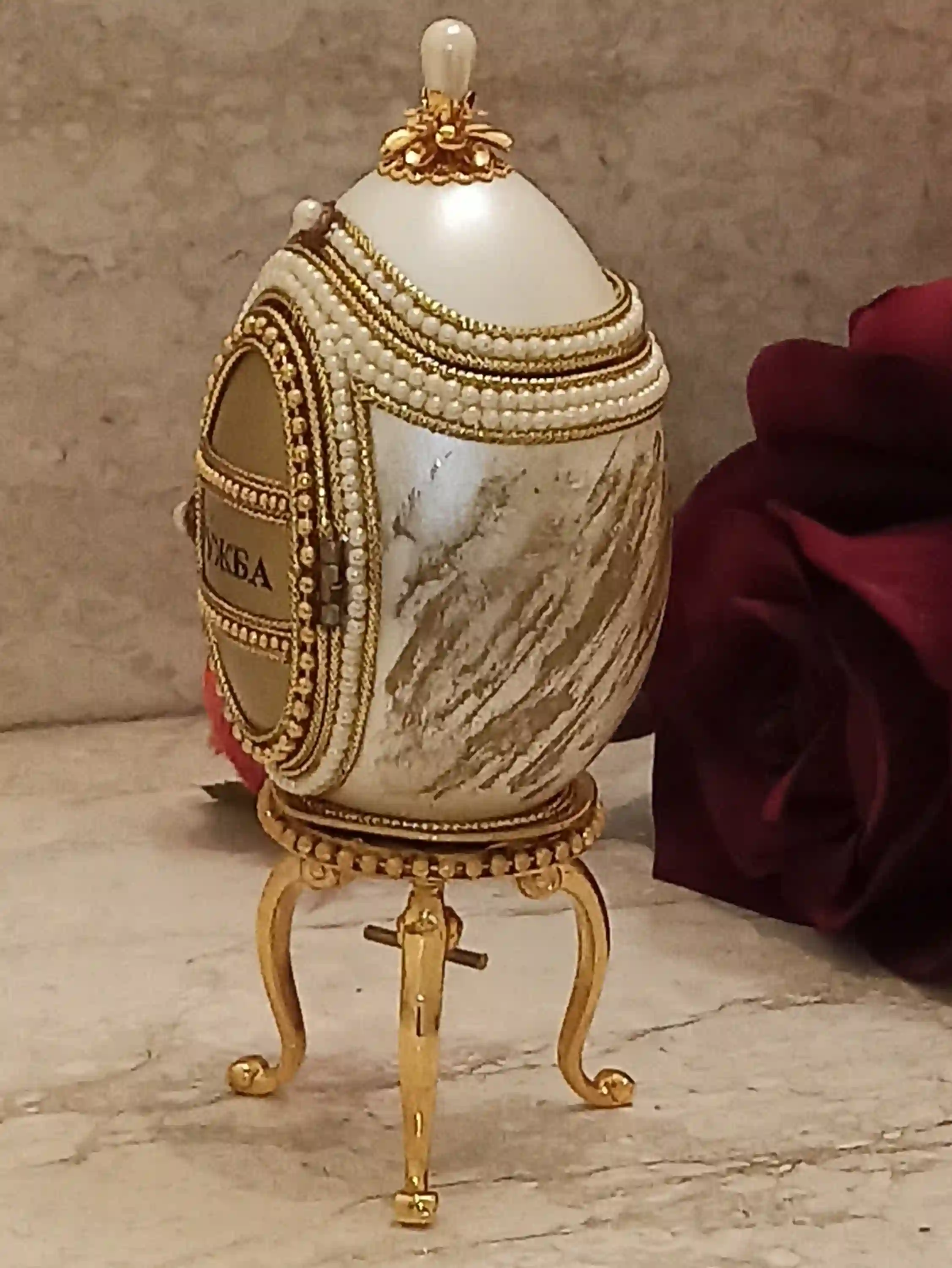 Imperial Faberge Egg Style 24kGOLD HANDCARVED Real egg Musical Gift Jewelry box VINTAGE Unique Friend gift Faberge Photo frame Ornament 