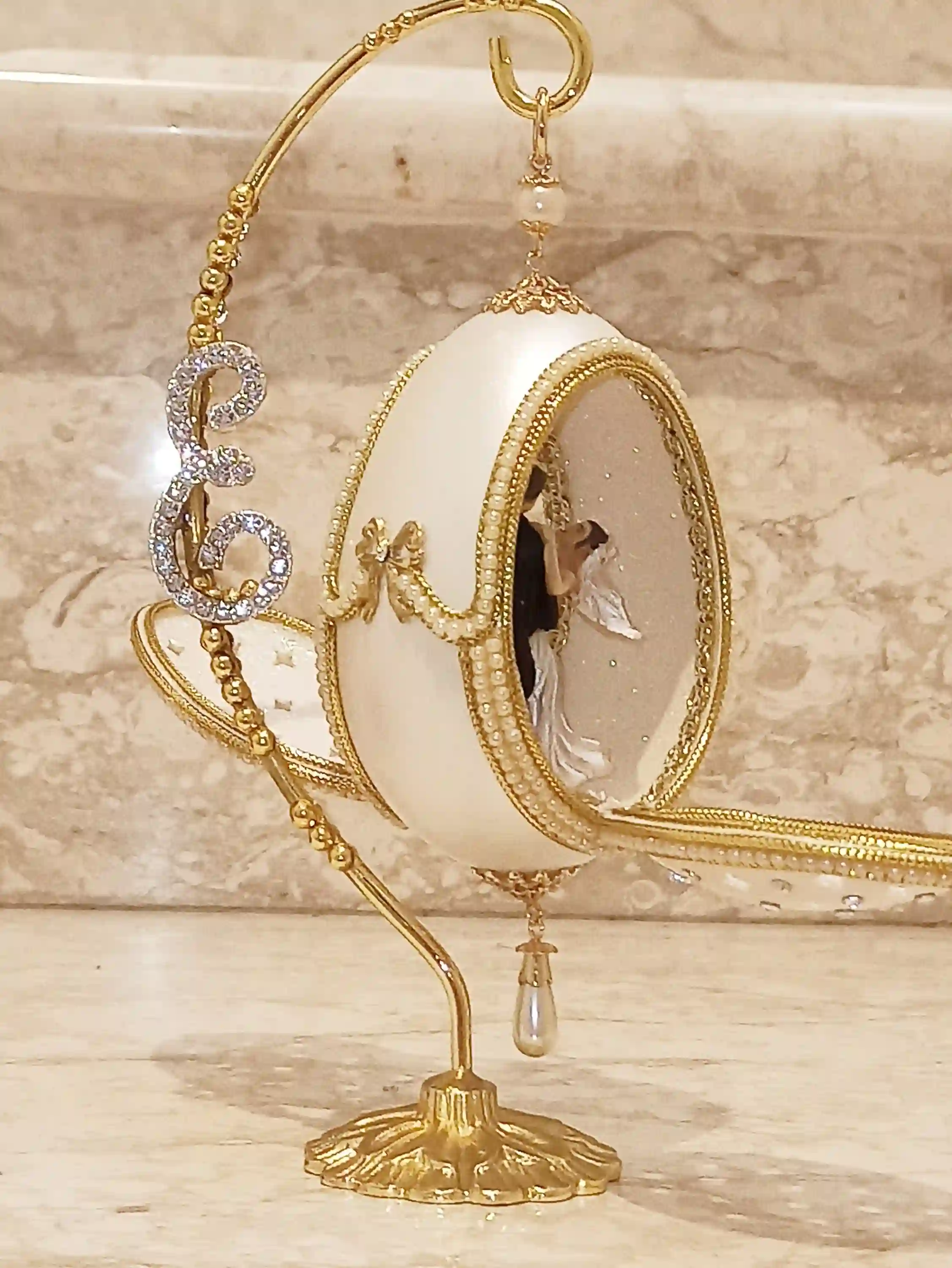 Faberge-Style egg Personalised Initial Artisan Wedding Anniversary Gift for couple 24k GOLD HANDCARVED Natural egg Newlywed gift for Bridal Shower 