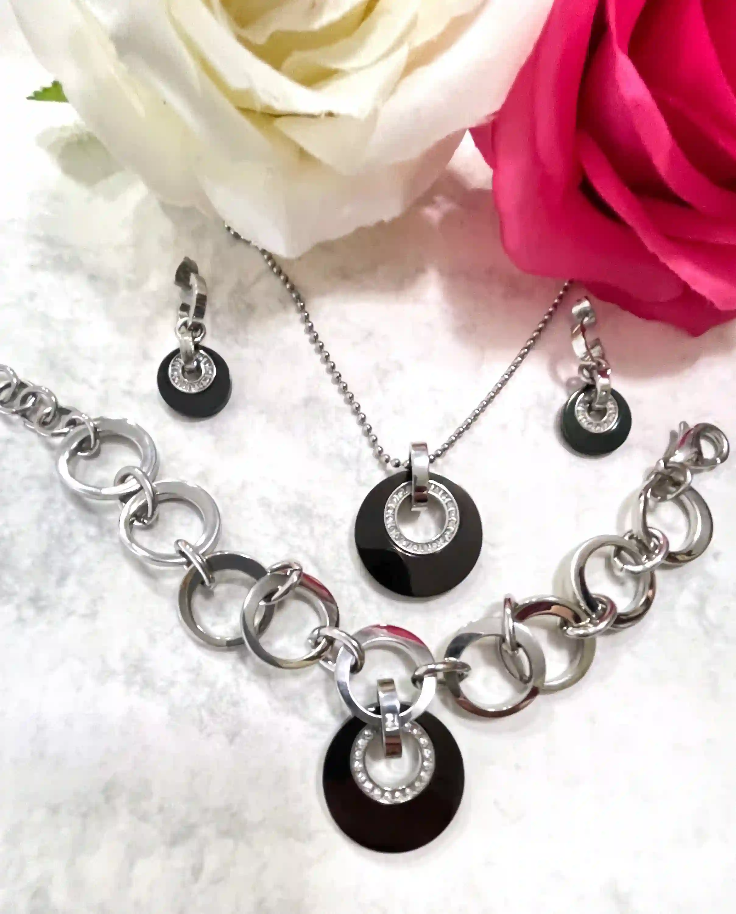 HANDMADE Diamond Black Onyx SET Necklace, Silver Onyx Earrings + Black Diamond Necklace + Onyx Bracelet for women, Mother's Day gift for her 