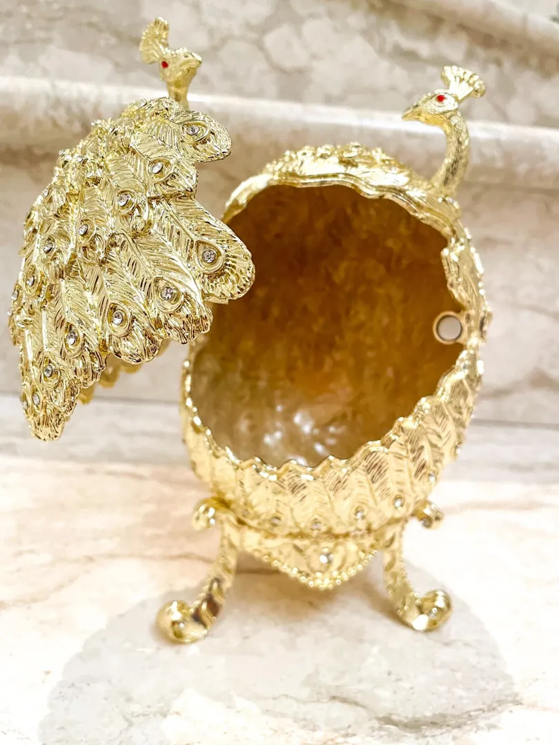 Designer Gold Peacock Trinket Box, Faberge Egg Jewelry Box, Swarovski Handmade Fabergé Egg, Peacock Power Strength Pride Symbolic Gift, Birthday.