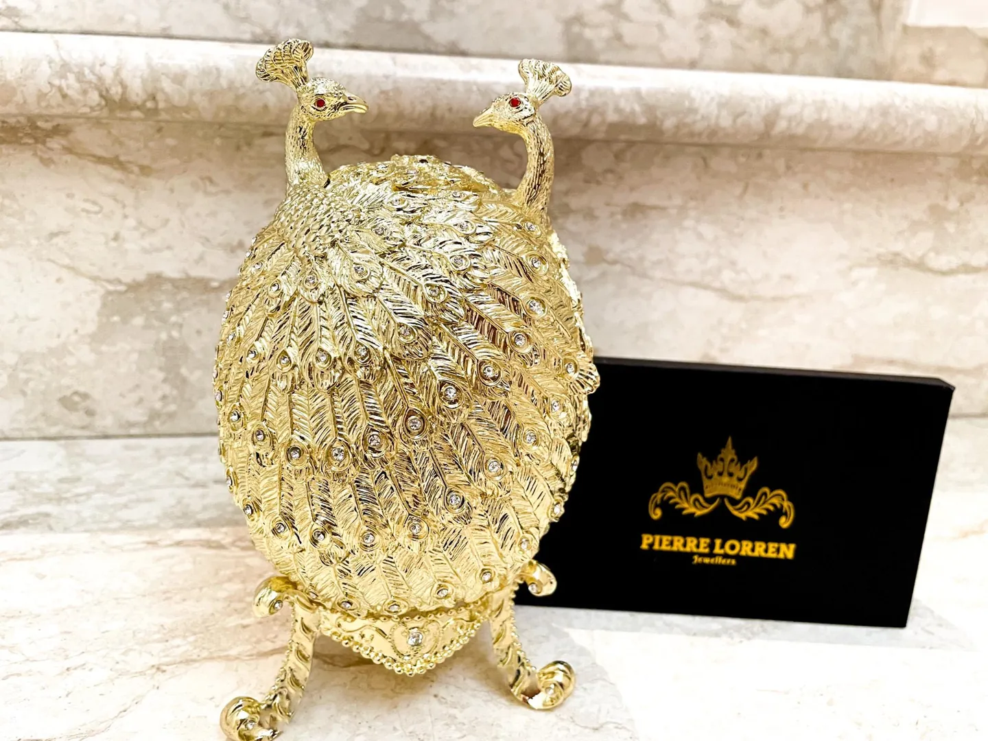 Designer Gold Peacock Trinket Box, Faberge Egg Jewelry Box, Swarovski Handmade Fabergé Egg, Peacock Power Strength Pride Symbolic Gift, Birthday.