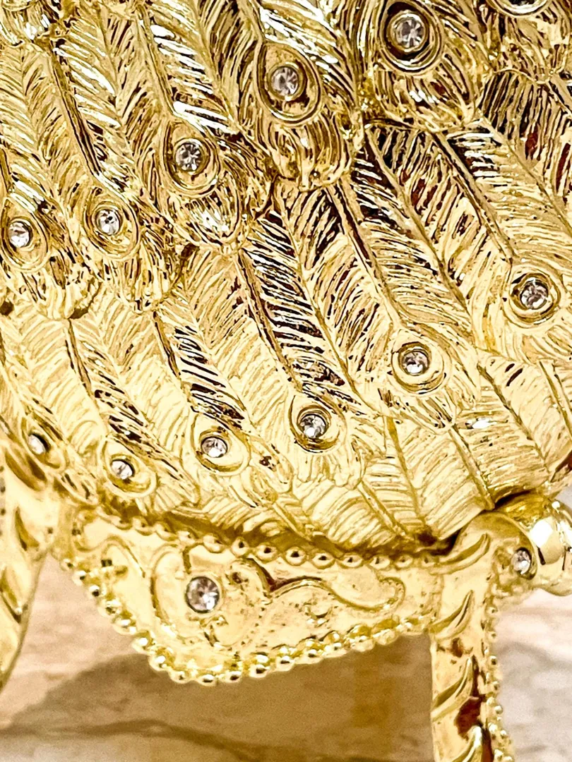 Designer Gold Peacock Trinket Box, Faberge Egg Jewelry Box, Swarovski Handmade Fabergé Egg, Peacock Power Strength Pride Symbolic Gift, Birthday.