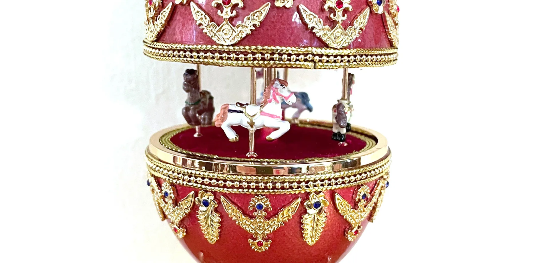 Designer Faberge Egg Antique Carousel, Natural Egg, Pure Gold Decor, Swarovski Gem, Handmade Carousel Horse Music Box, Anniversary, 18th Birthday.