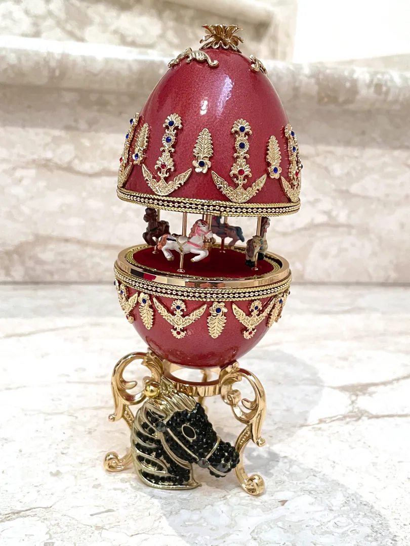 Designer Faberge Egg Antique Carousel, Natural Egg, Pure Gold Decor, Swarovski Gem, Handmade Carousel Horse Music Box, Anniversary, 18th Birthday.