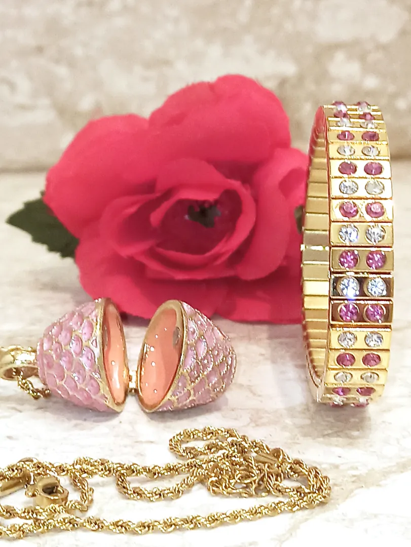 Pink Jewelry for women, Faberge Egg Necklace, and Bracelet, Pink Gold Jewelry, Teen Girl Jewelry, Teenage Girl Gifts, Teen Birthday, 24k Gold, Faberge