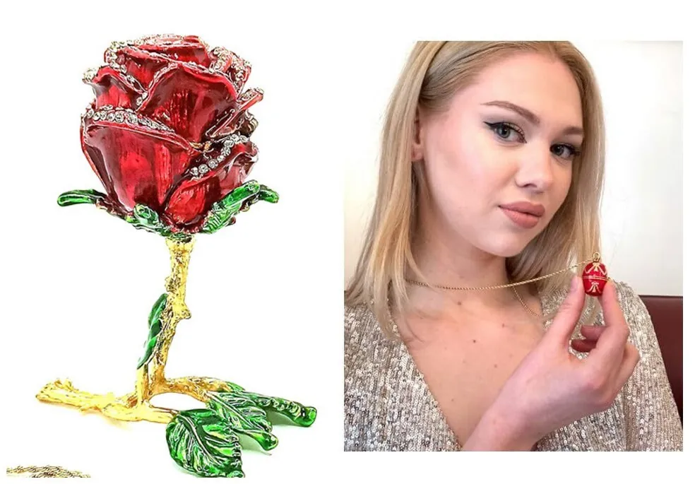 Pure Gold Rose Red Faberge Egg Valentine's Day Gift for Her Faberge Style Egg Trinket PLUS Faberge Egg Necklace Pendant HANDMADE Jewelry