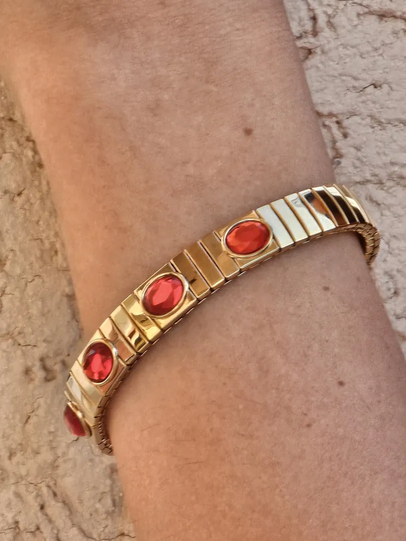 Ruby Bangle Bracelet for Women Handmade Jewelry Ruby Tennis Bracelet with 5 Swarovski Crystal Rubies in Yellow Gold. Ruby Anniversary Gift for Her.