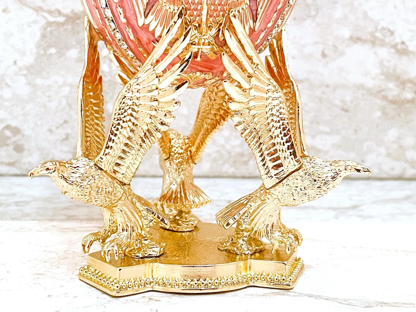 Limited Edition Musical Pink Faberge Egg with Velour Interior and Swarovski Crystal Diamond Handset. Faberge Style Egg, perfect as a birthday gift for her or a graduation gift.