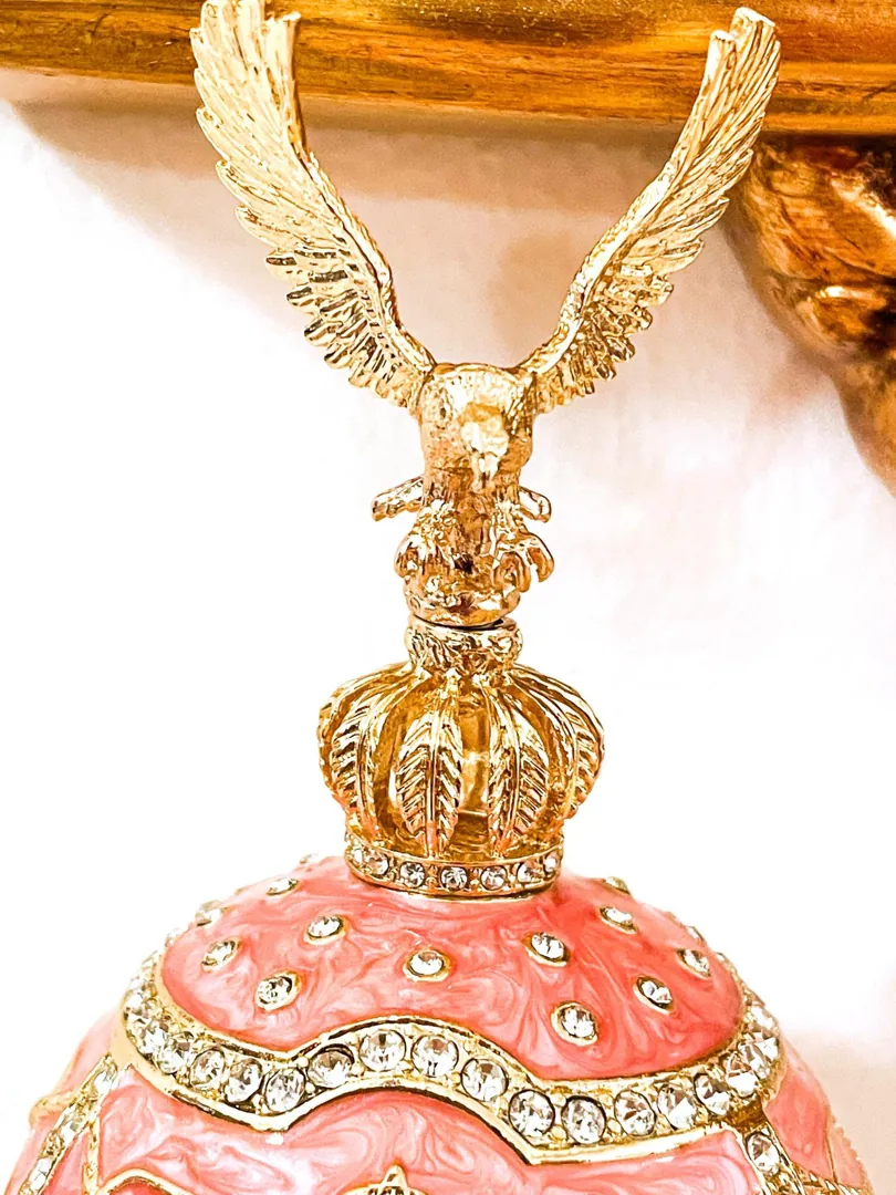 Limited Edition Musical Pink Faberge Egg with Velour Interior and Swarovski Crystal Diamond Handset. Faberge Style Egg, perfect as a birthday gift for her or a graduation gift.