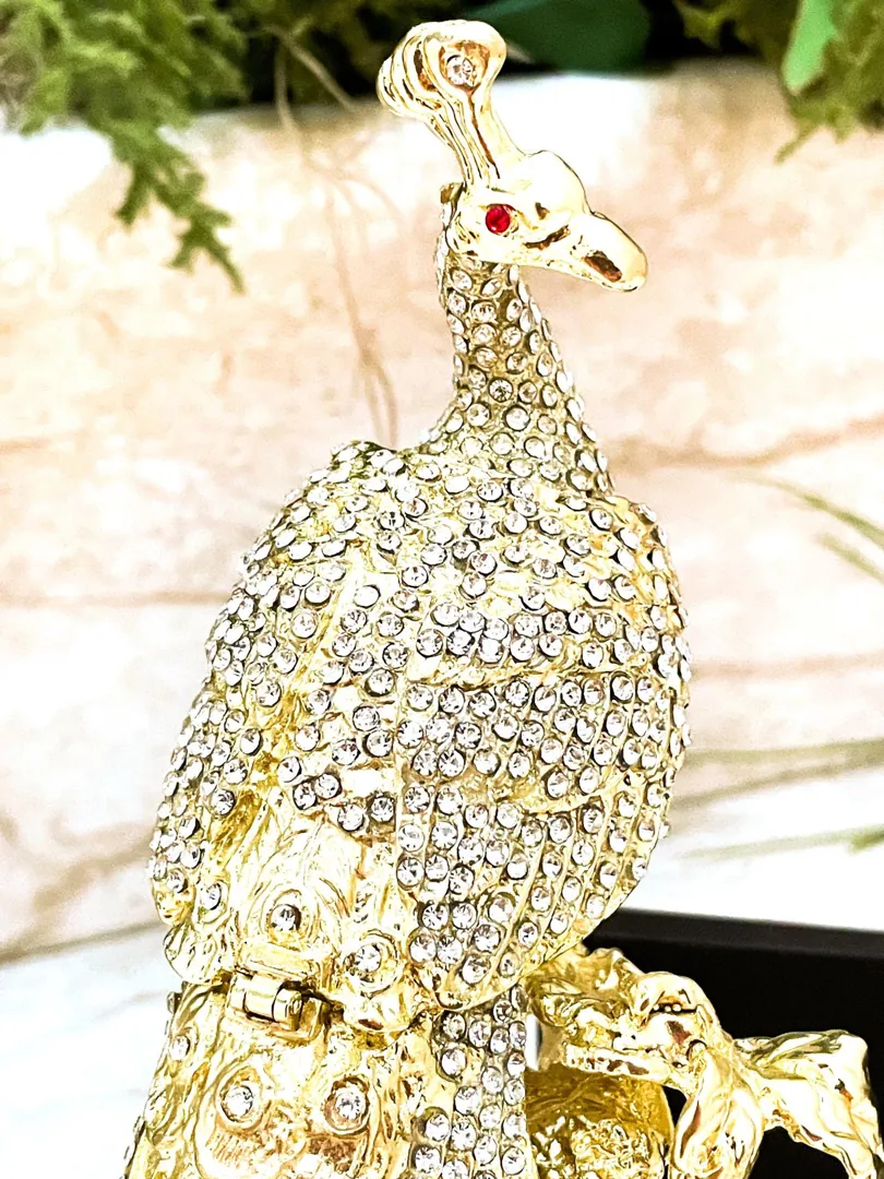 Unique Gold Peacock Gifts Faberge Peacock Jewelry Box Set for Bird Lovers. Made with Austrian Crystal and Diamond, crafted from Pure Gold. Handmade in 2002 by Pierre Lorren.