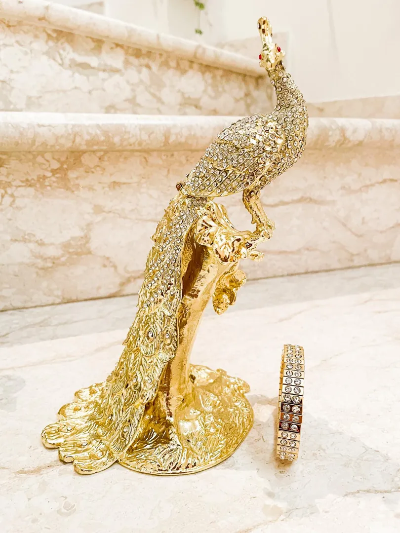 Unique Gold Peacock Gifts Faberge Peacock Jewelry Box Set for Bird Lovers. Made with Austrian Crystal and Diamond, crafted from Pure Gold. Handmade in 2002 by Pierre Lorren.