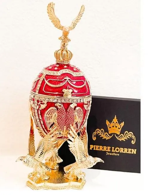 Unique Fabergé Egg Red Fabergé Egg Musical Trinket Valentine Pure Gold Decor Austrian Crystal Diamonds Anniversary Handmade by Pierre Lorren