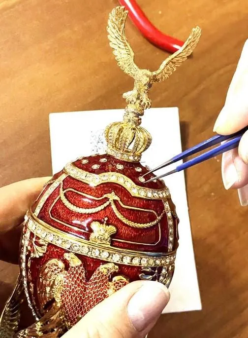 Unique Fabergé Egg Red Fabergé Egg Musical Trinket Valentine Pure Gold Decor Austrian Crystal Diamonds Anniversary Handmade by Pierre Lorren