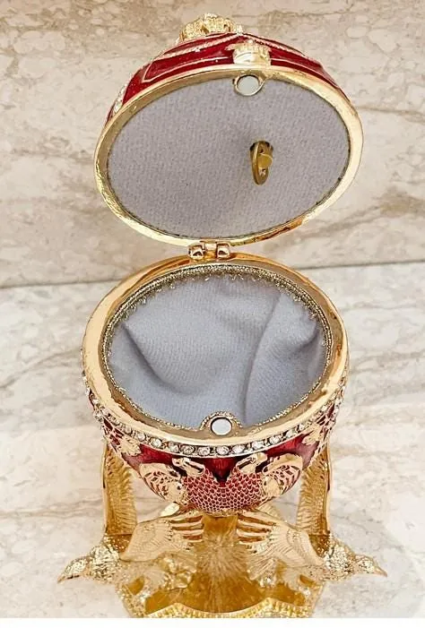 Unique Fabergé Egg Red Fabergé Egg Musical Trinket Valentine Pure Gold Decor Austrian Crystal Diamonds Anniversary Handmade by Pierre Lorren