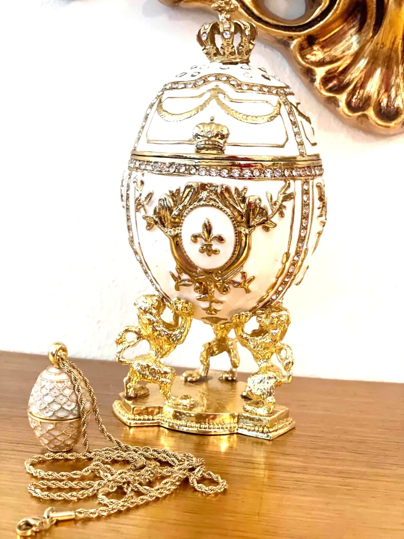 White Faberge egg - Imperial Lion Faberge style egg + Faberge Egg Pendant Necklace - White Gold trinket box - Swarovski Diamond HANDSET 24k