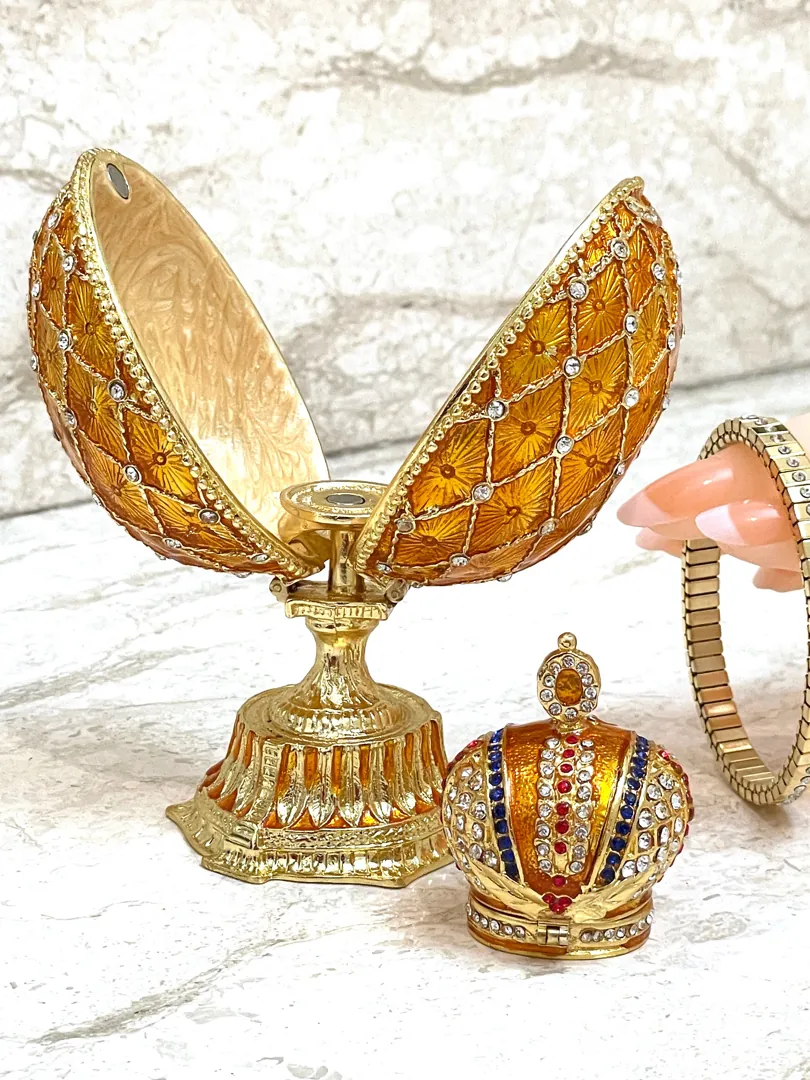 Unisex Designer Princeton Orange Faberge Egg Faberge Style Egg 24k Gold Bracelet Handmade Fabergé Egg 333 Swarovski Christmas Birthday Gift