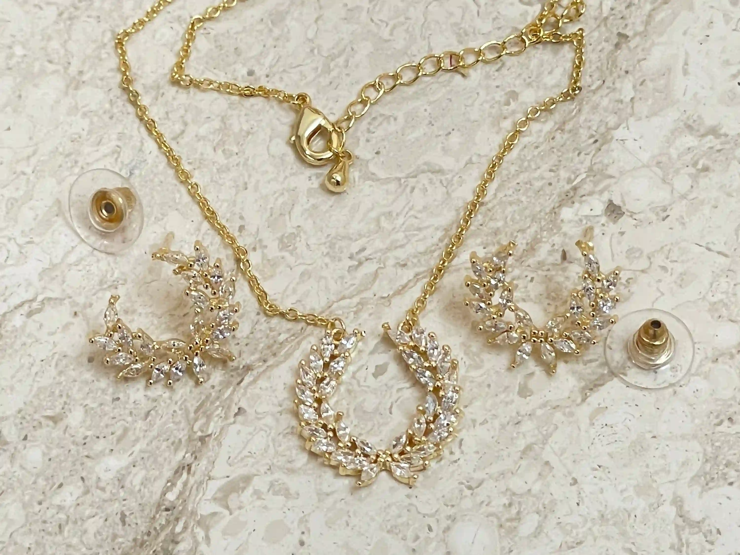 Ancient Greek Olive Wreath Necklace Earrings Set Swarovski Marquise Handset Sterling Silver Yellow Gold Jewelry Handmade Wisdom Necklace 4ct 